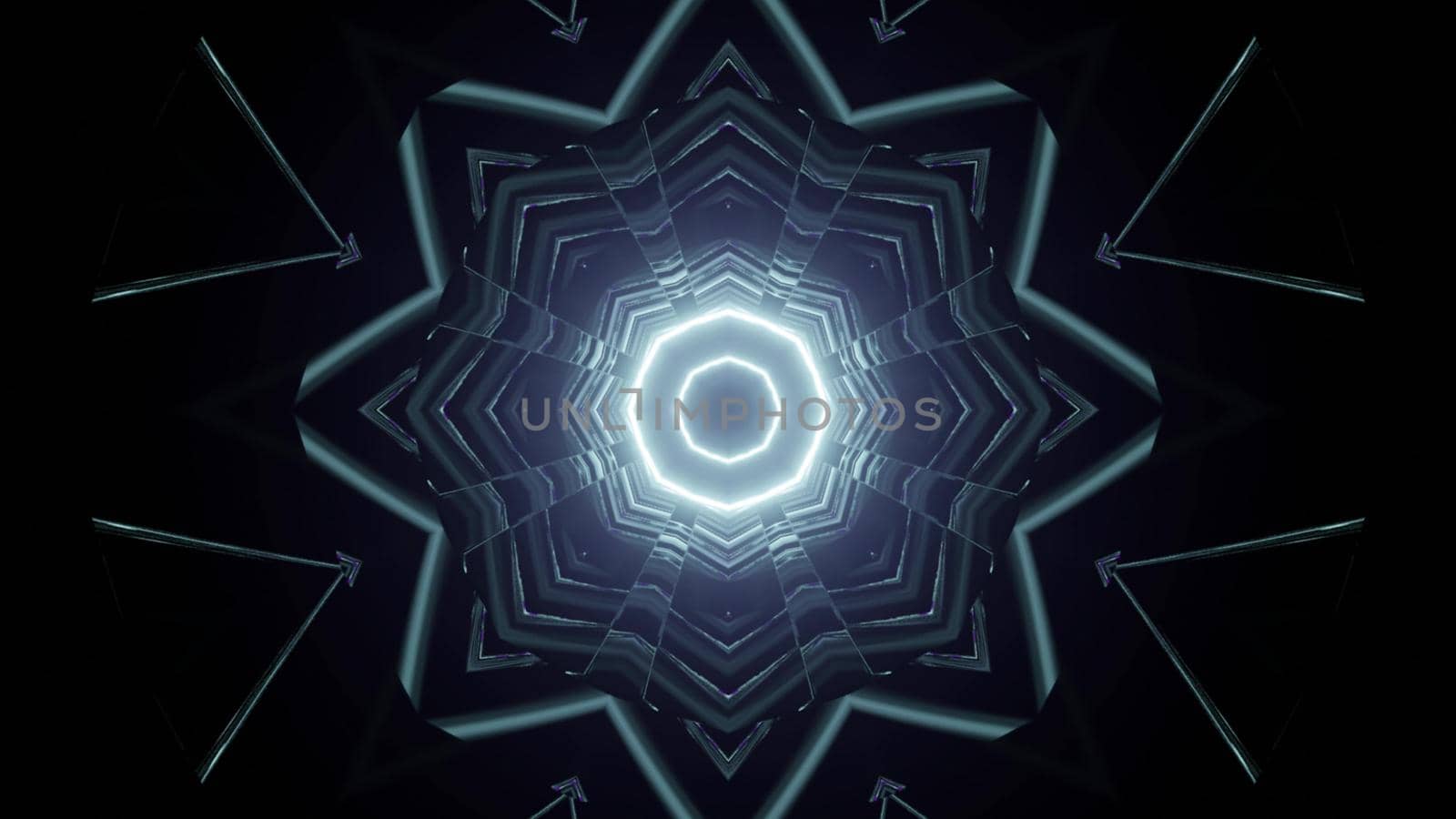 3d illustration of abstract background of three dimensional dark tunnel with geometric shapes glowing with blue neon light
