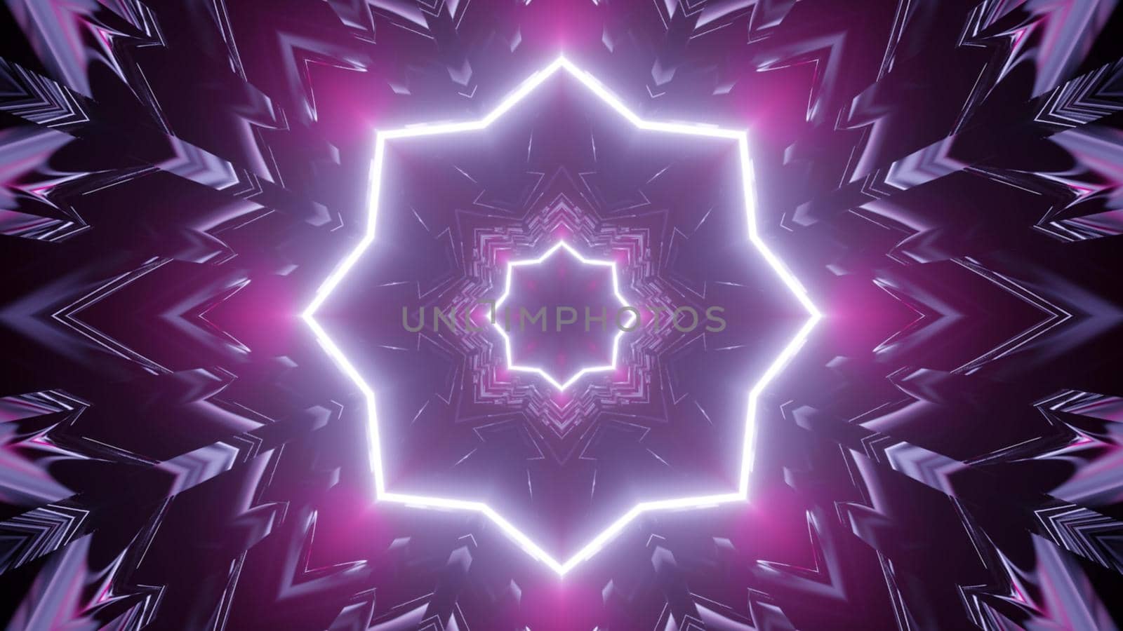 3d illustration of abstract geometrical background of flower shaped kaleidoscopic tunnel with purple neon illumination