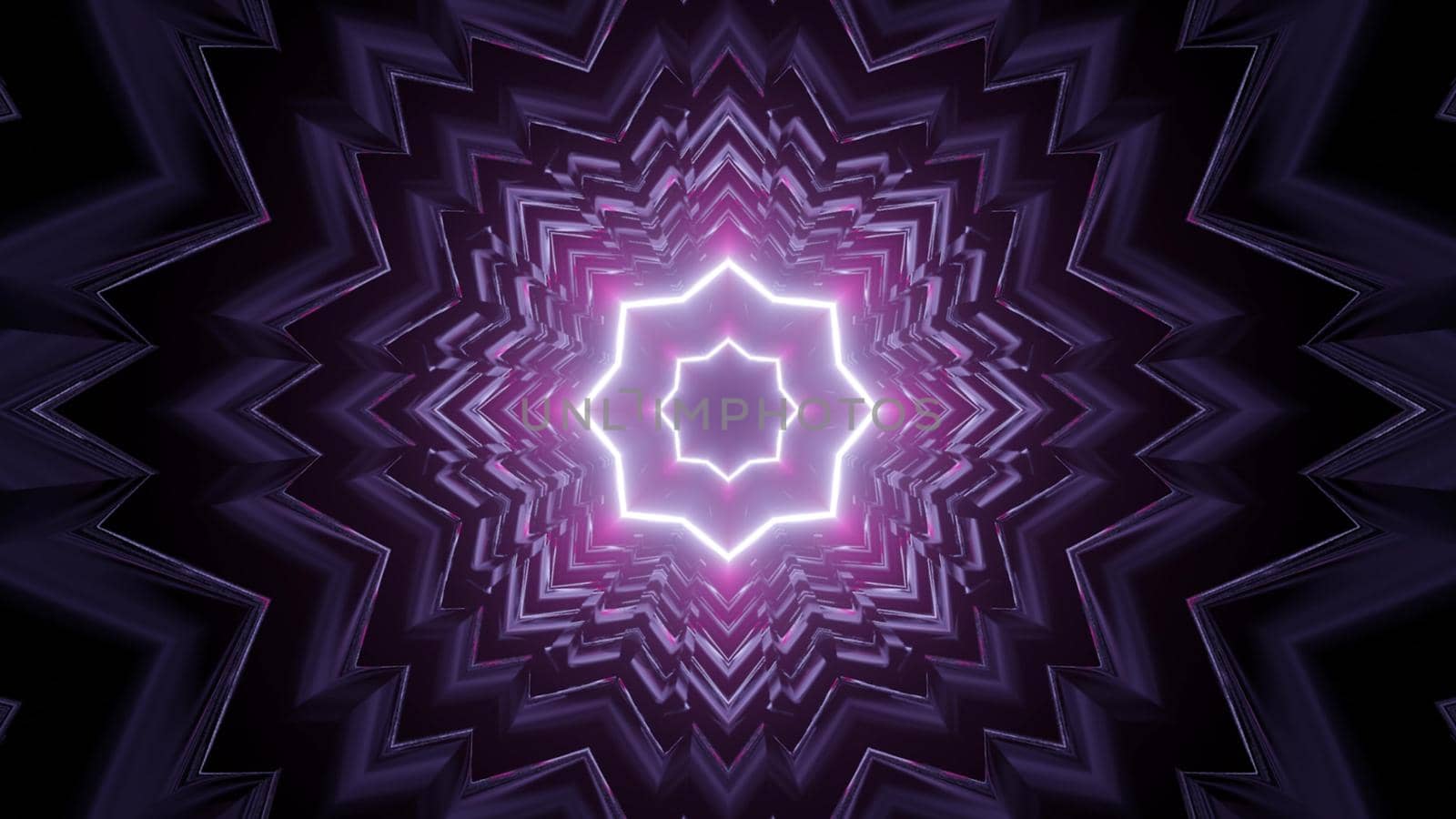 3d illustration of abstract background of creative tunnel in shape of flower with lines glowing with purple neon light