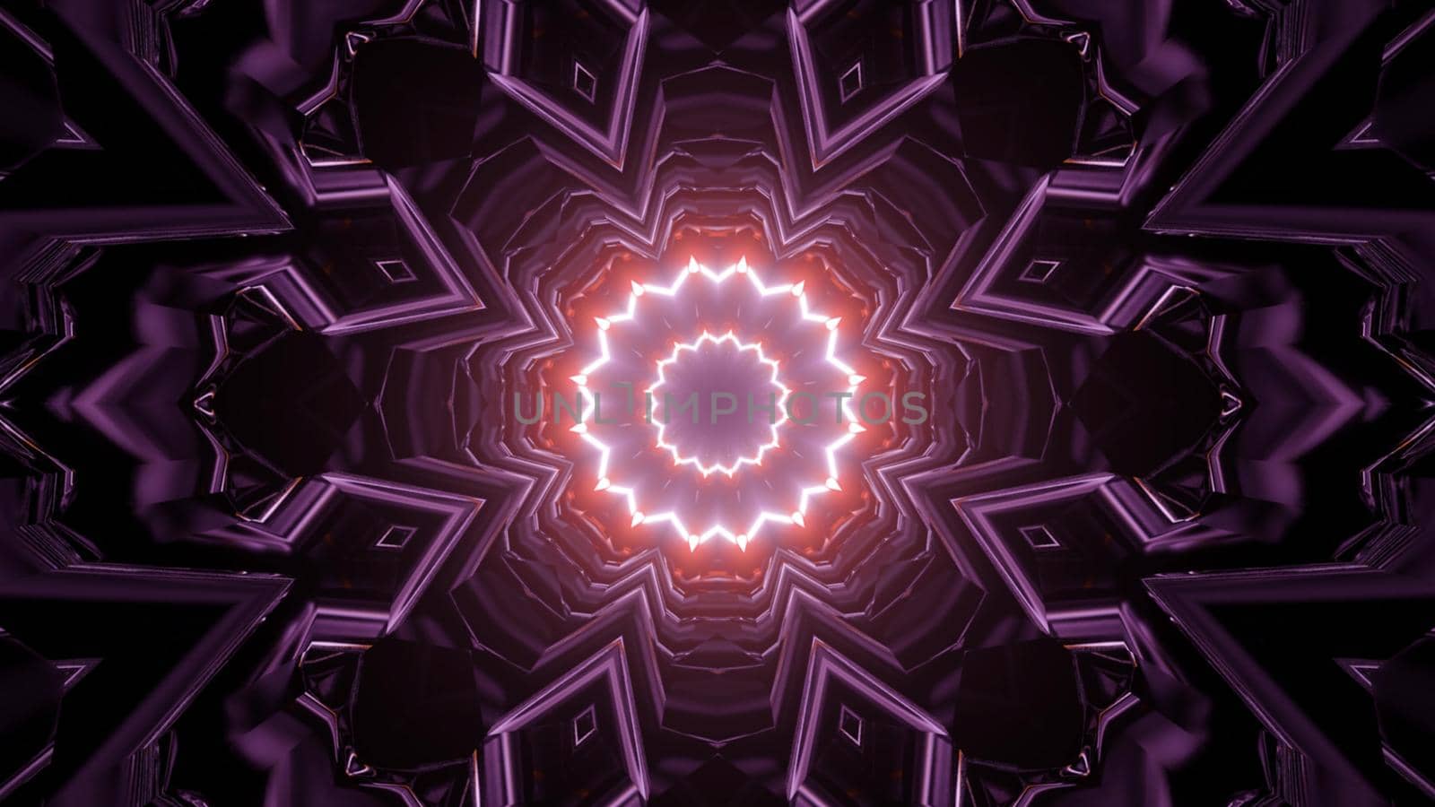 3d illustration of abstract geometrical background of flower shaped tunnel with bright neon lights