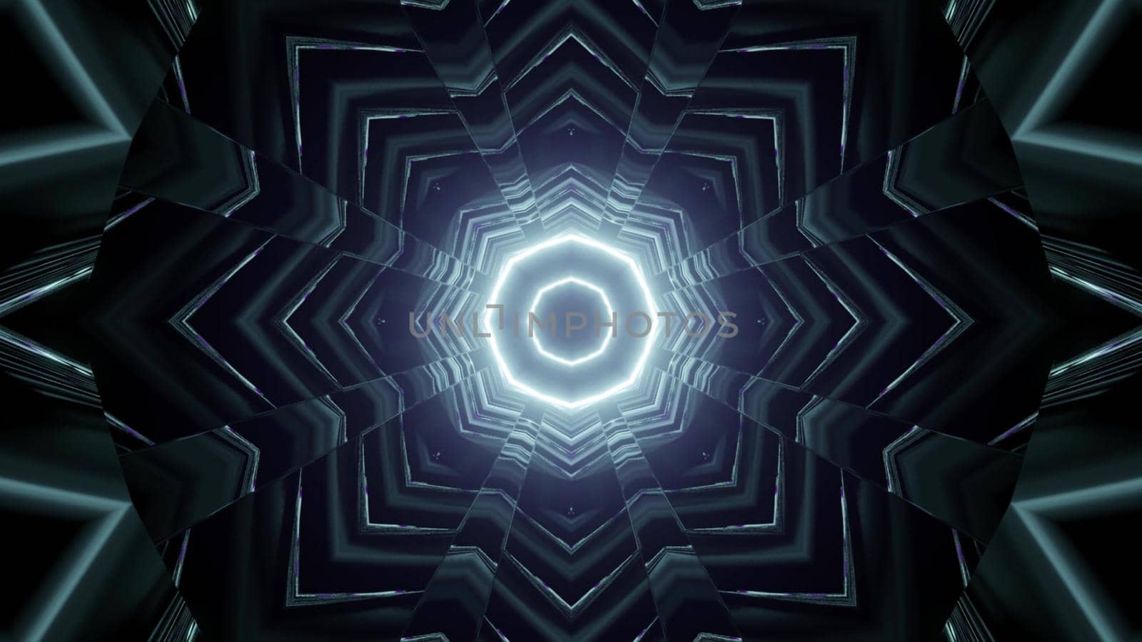 Symmetric 3D illustration of abstract crystal shaped tunnel with bright lines glowing with neon light