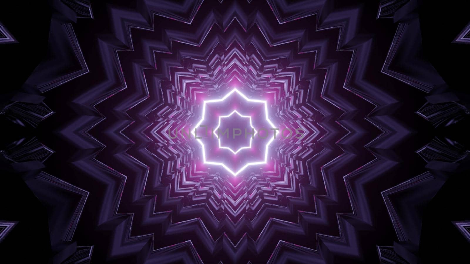 Abstract 3D illustration of dark geometric tunnel illuminated with vivid neon star shaped lines of purple color