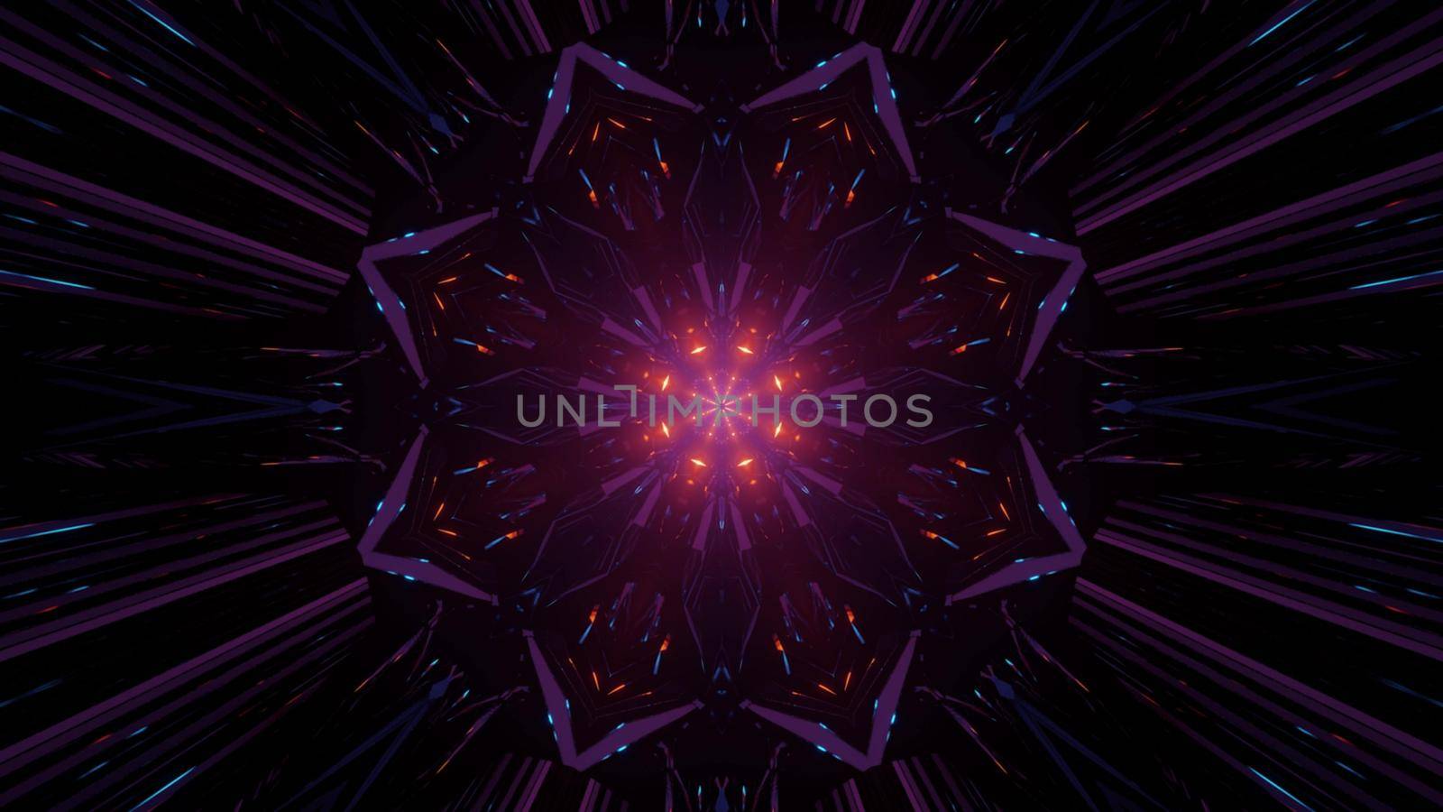 3D illustration of fractal flower shaped kaleidoscope ornament with purple lines in dark tunnel