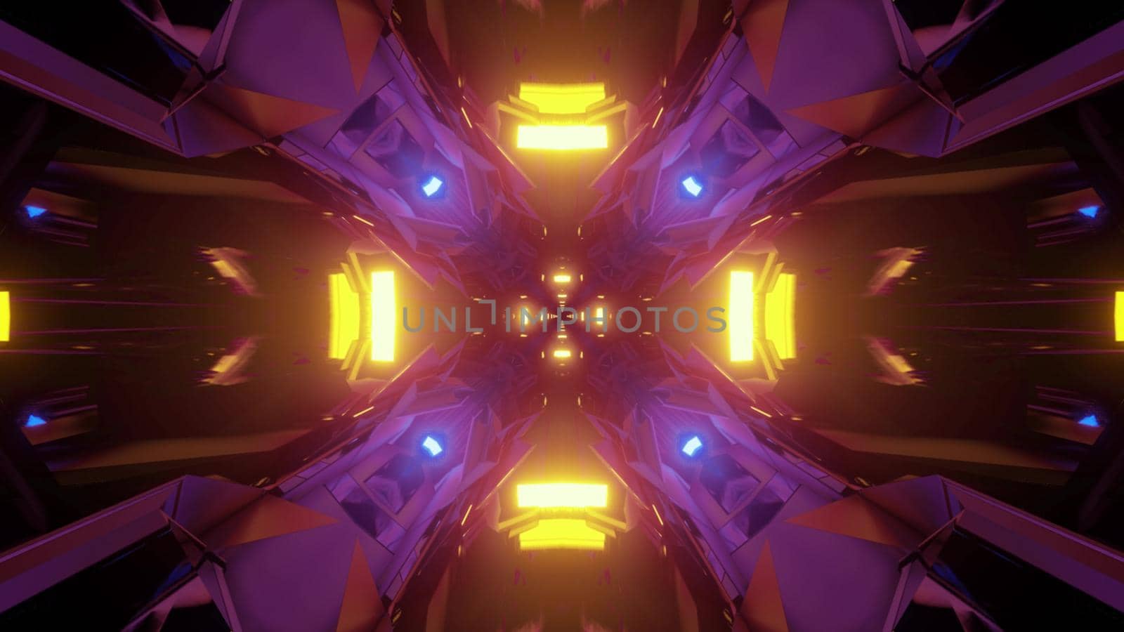 3D illustration of shiny futuristic constructions forming symmetric abstract background with glowing neon lights