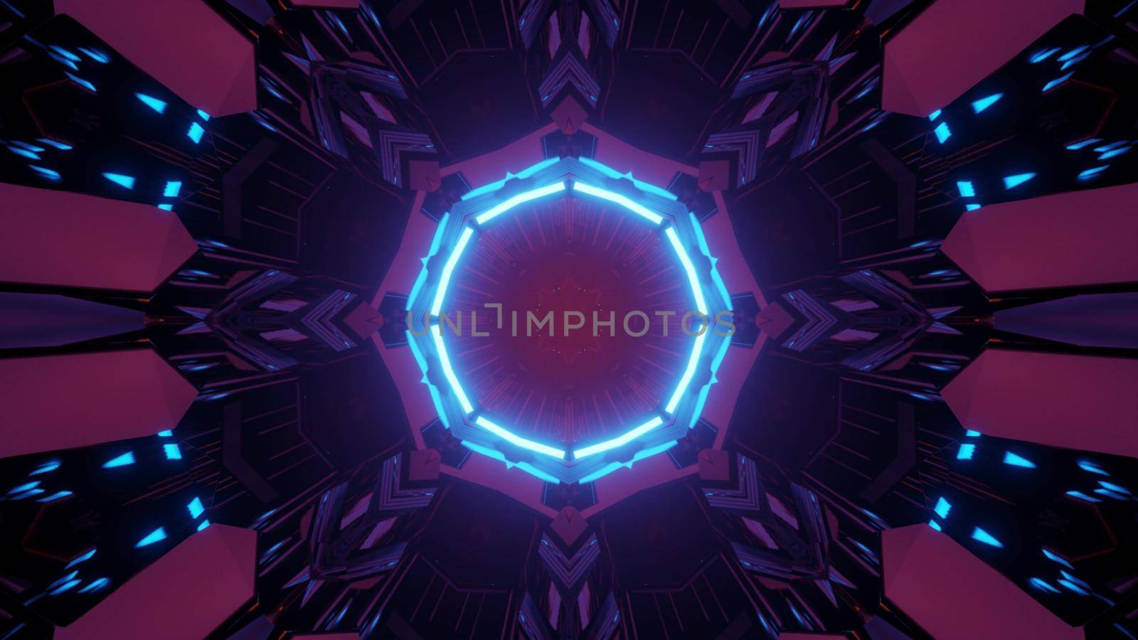 Abstract background of multicolored kaleidoscope pattern with neon round lamp in 3D illustration
