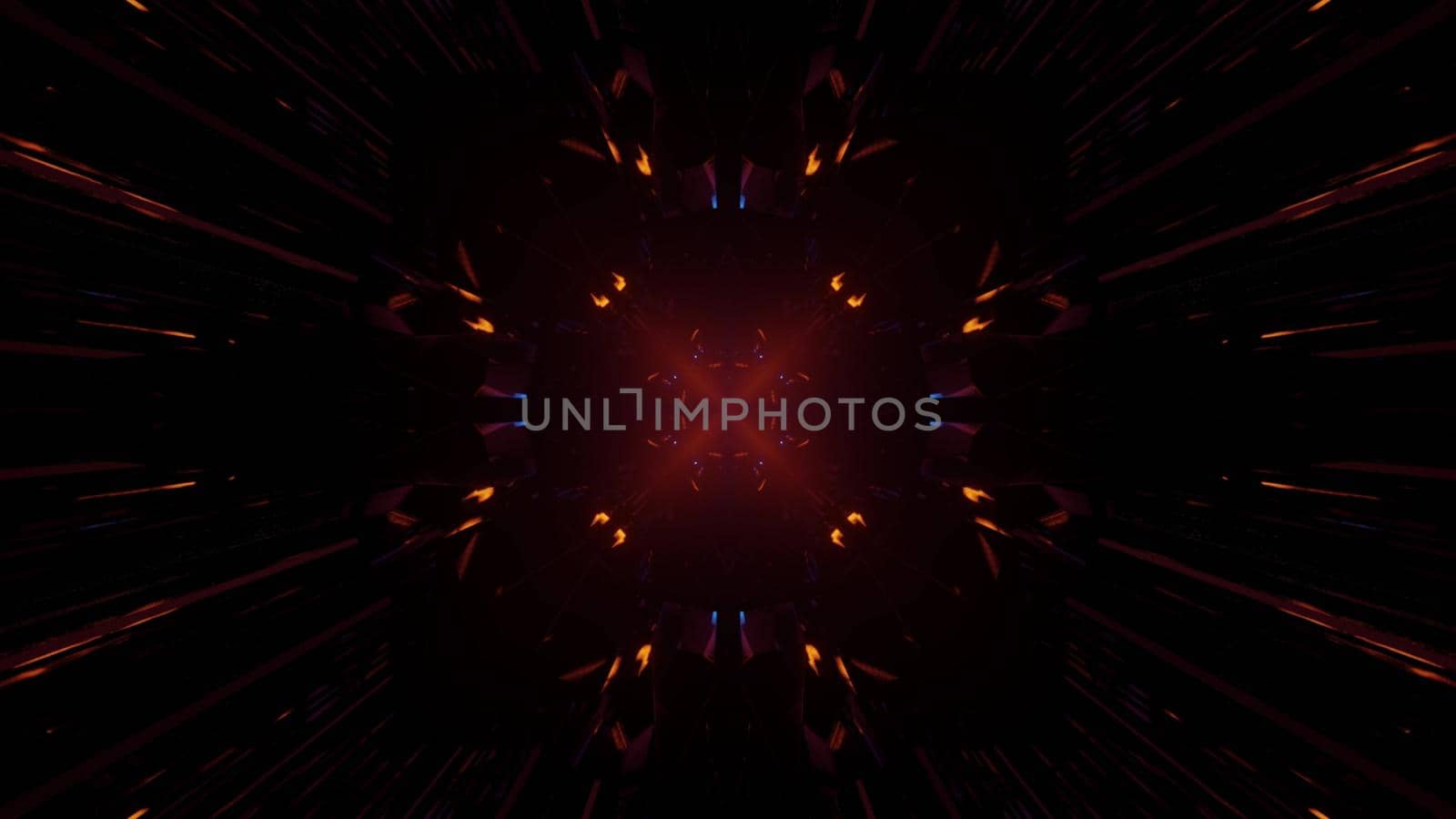 3D illustration of dark tunnel with red sparks shining symmetrically as abstract background