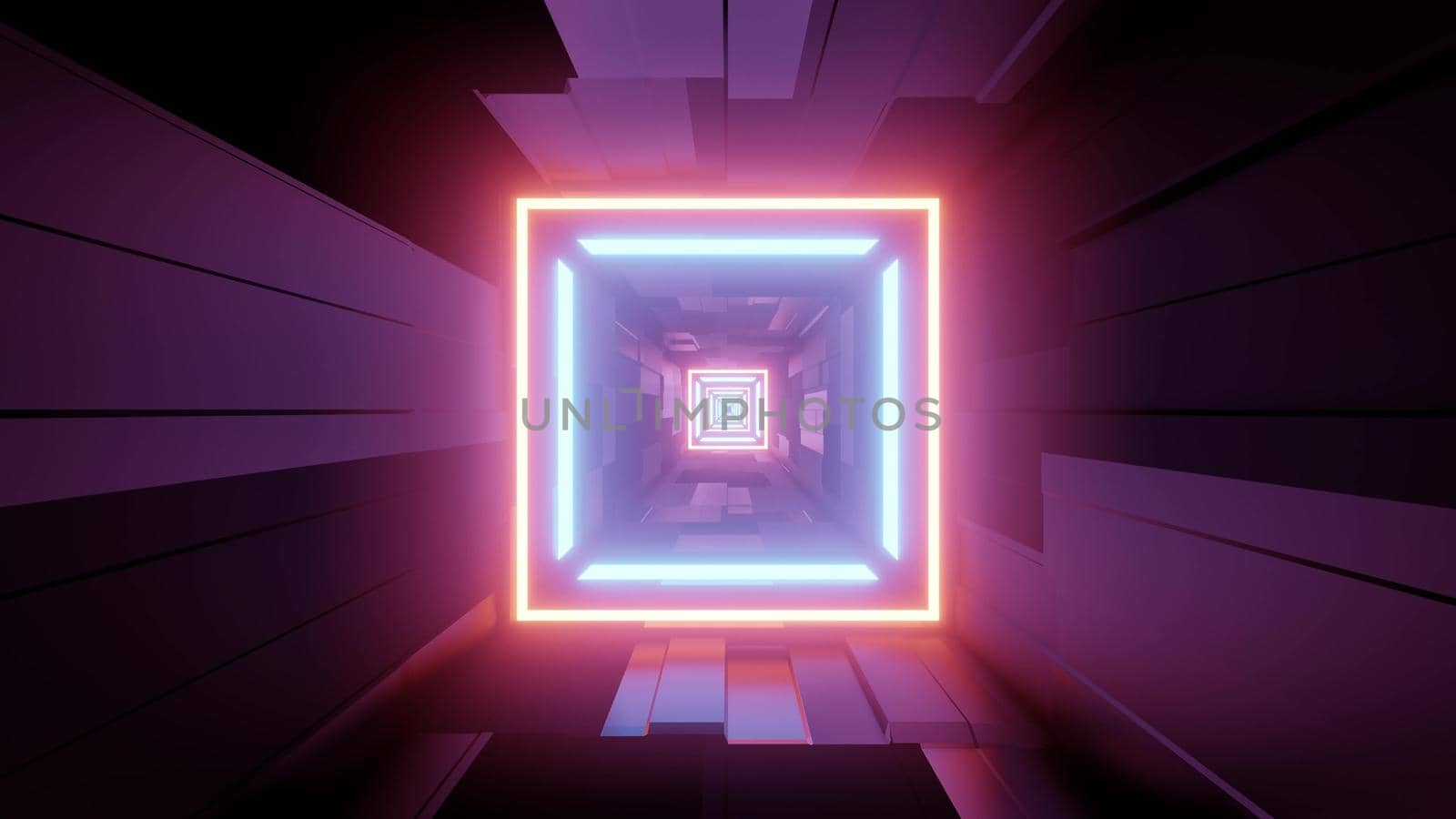 3d illustration of abstract background of geometric endless tunnel with bricks and lines glowing with neon illumination