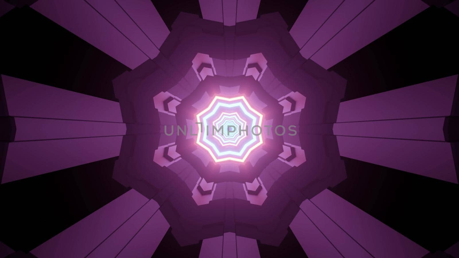 3d illustration of abstract background of geometric endless corridor in shape of flower with neon lights