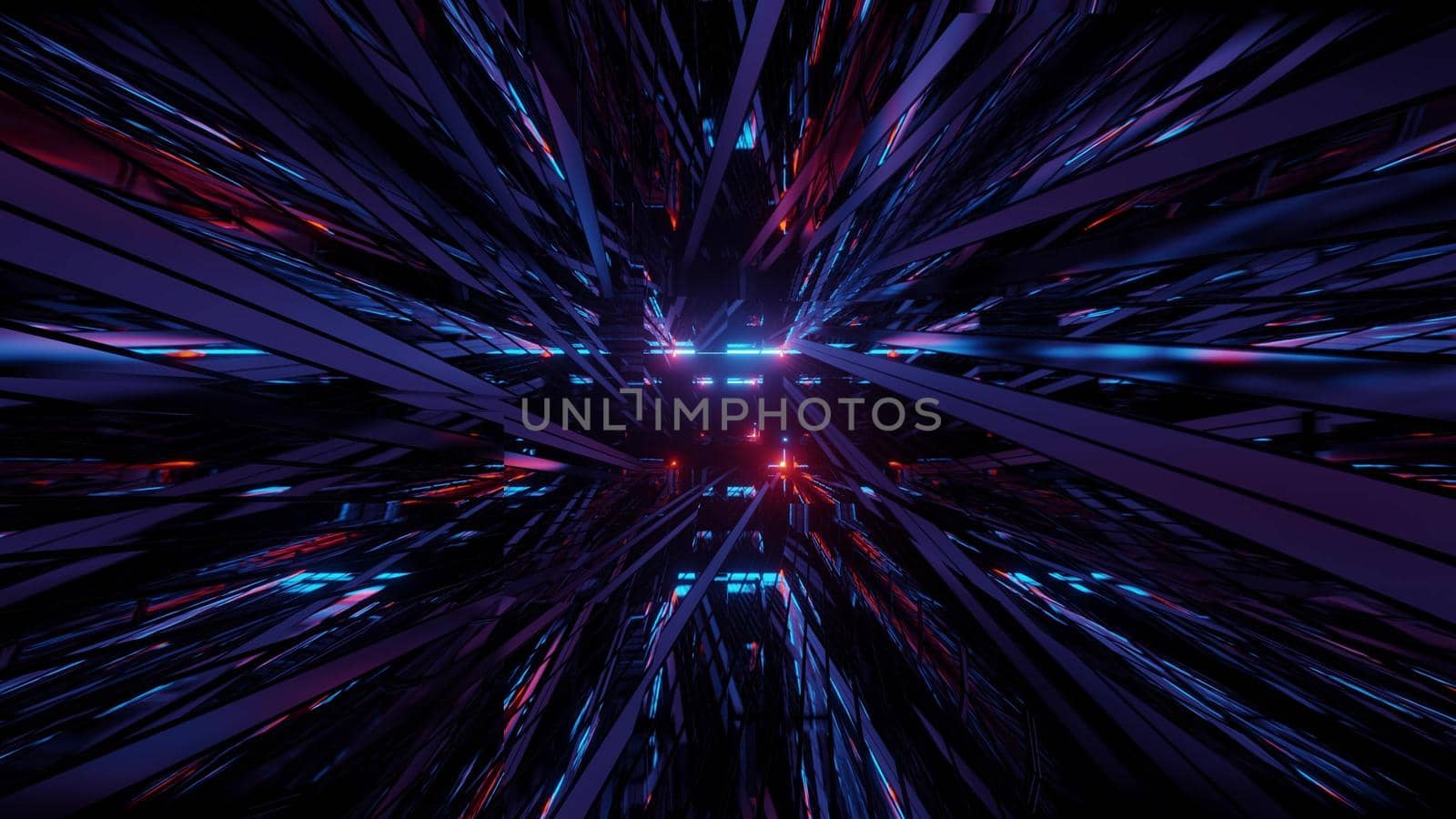 Dark 3D illustration of chaotic lines forming abstract ornament shining with neon lights