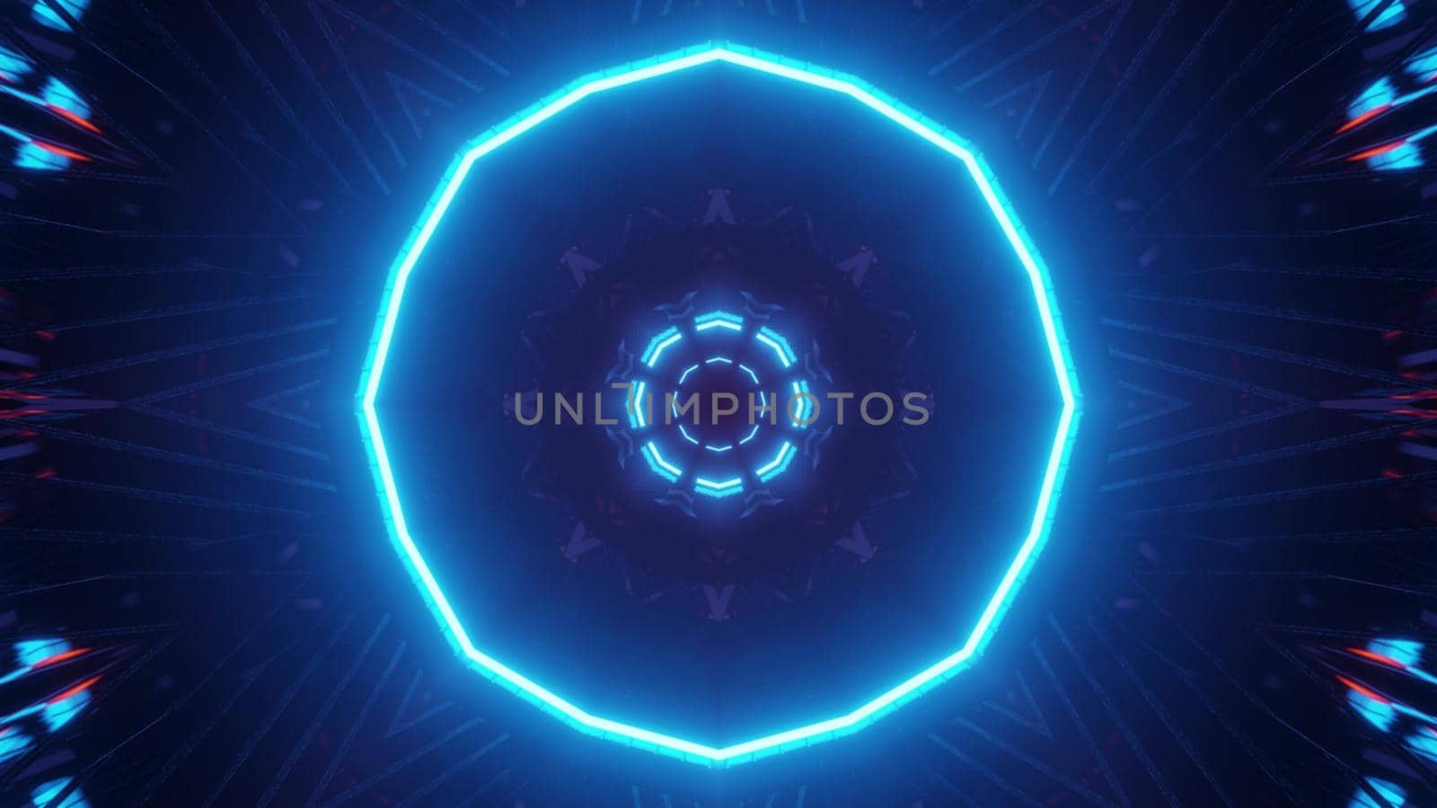 Symmetric 3D illustration of bright blue neon lines forming circles in geometric tunnel
