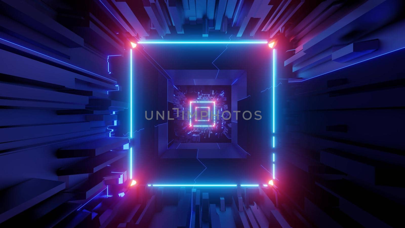 Creative design of abstract 3D illustration of square shaped endless hallway with shiny lights