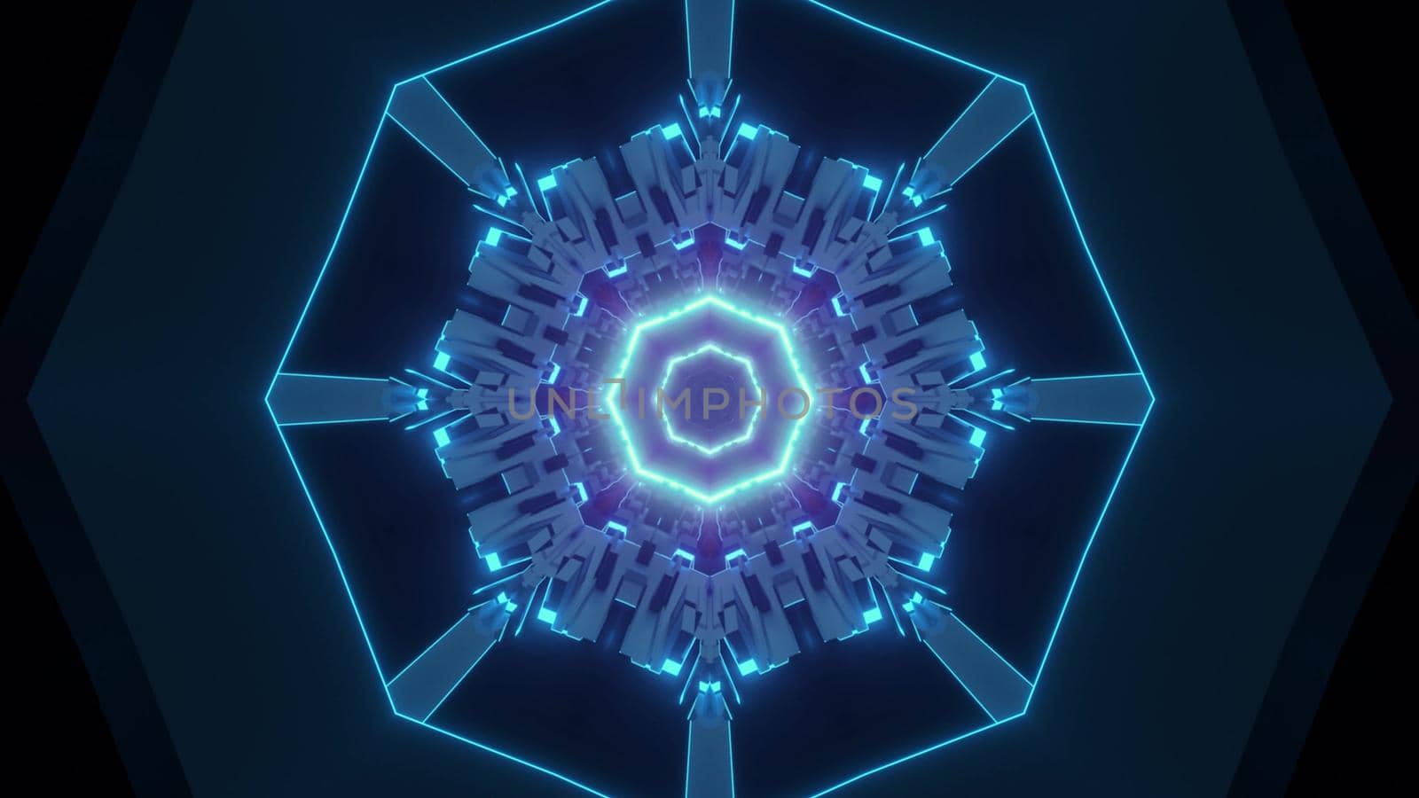Creative design of 3D illustration representing endless passage with fantastic ornament illuminated by blue lights