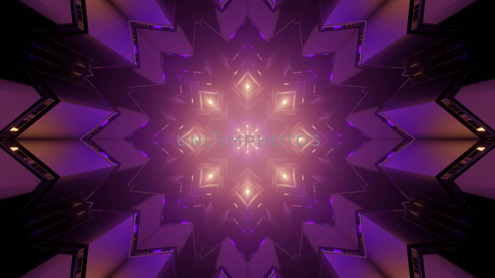 3D illustration of luminous geometric shapes forming symmetric looping kaleidoscope ornament glowing in darkness as abstract background