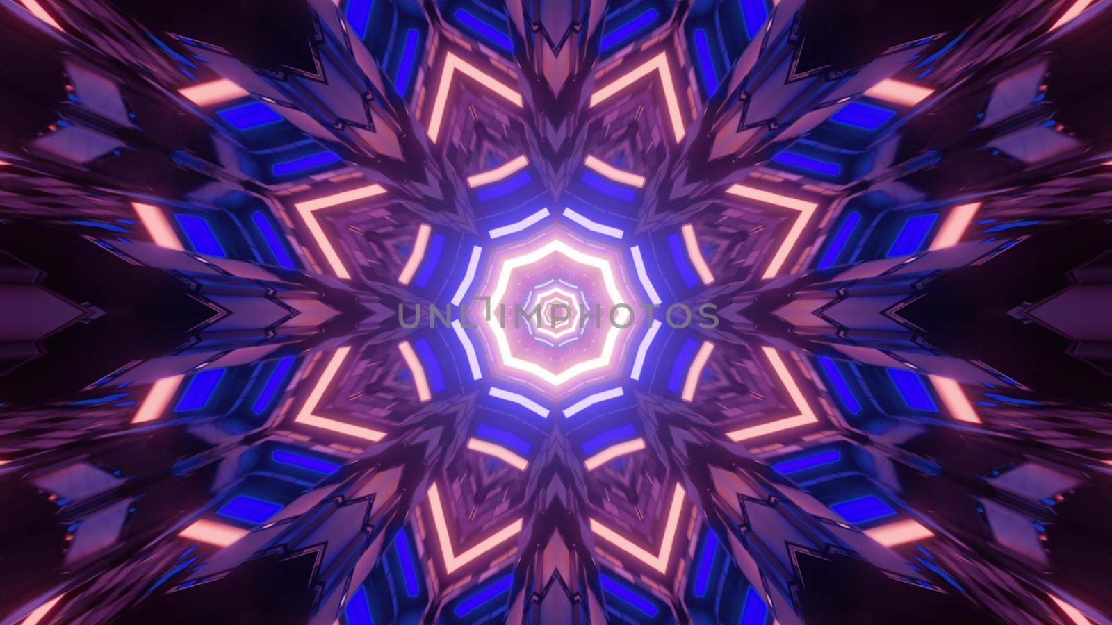 3D illustration of hypnotic kaleidoscope abstract pattern with bright neon lights reflecting in shiny geometric figures