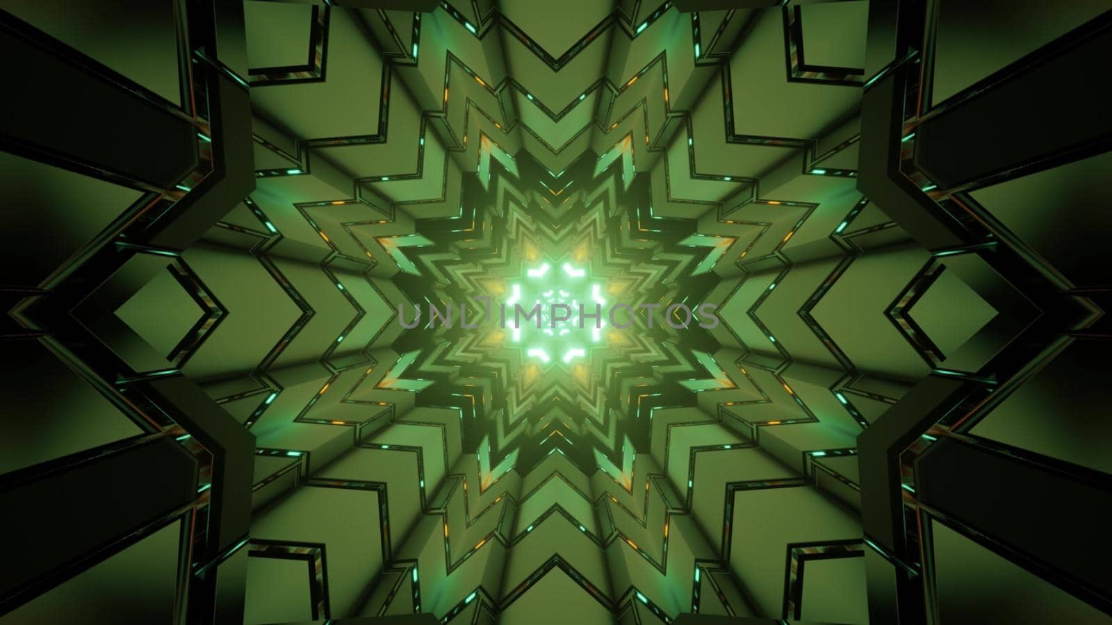 3D illustration of fractal hexagons forming abstract geometric pattern with symmetric form and green neon lights