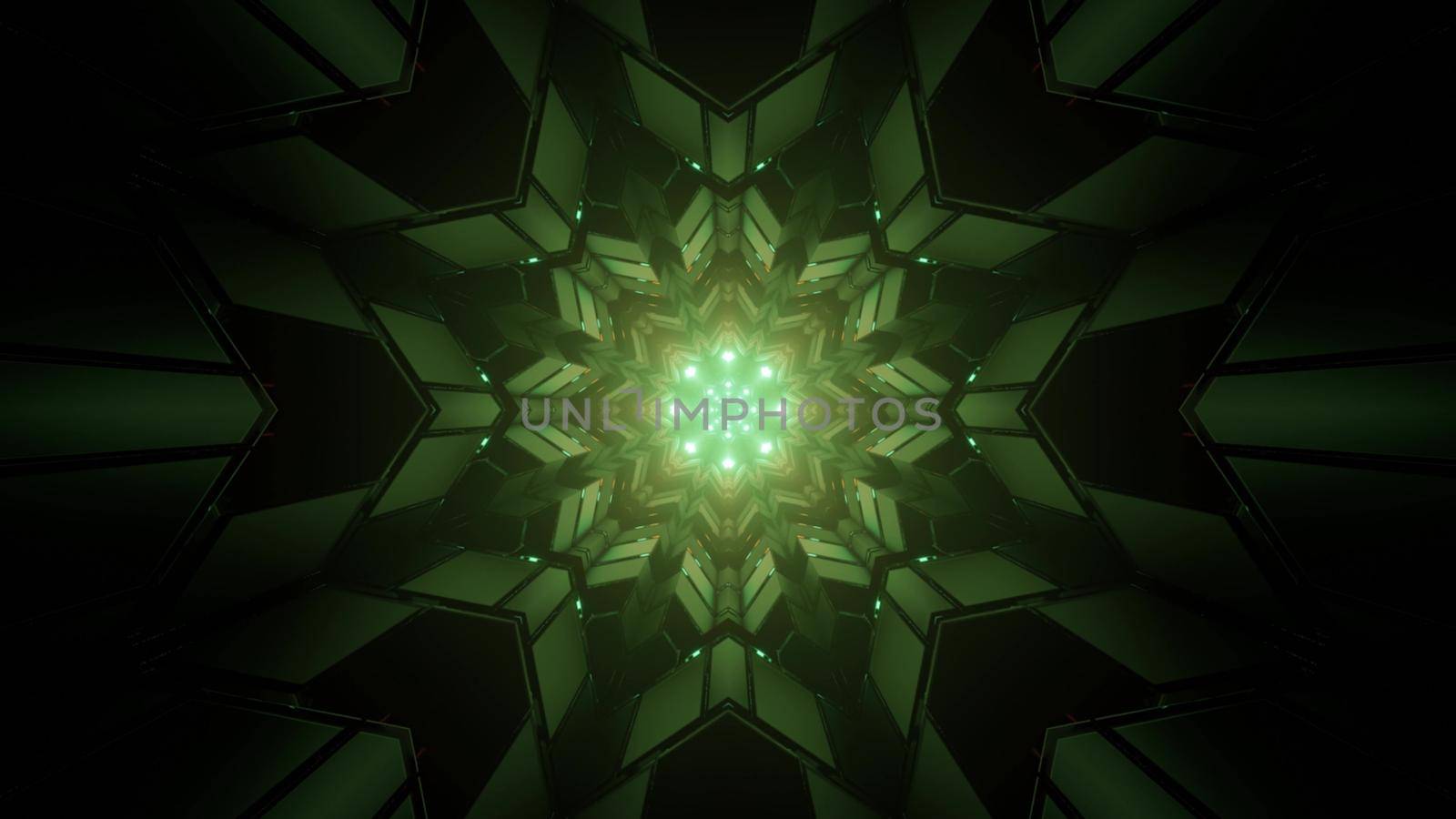 3D illustration of green symmetric geometric figures forming kaleidoscope fractal pattern in dark tunnel