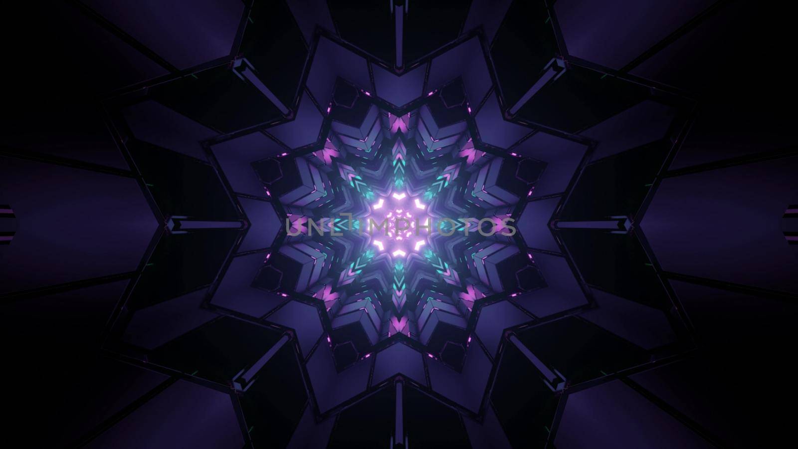 3D illustration of sharp geometric figures forming multifaceted star shaped kaleidoscope ornament with shiny neon lights in darkness