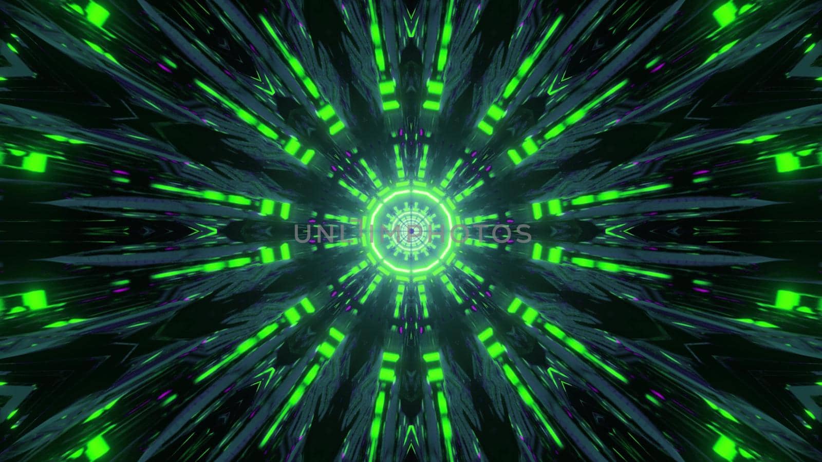 Green colored abstract lines glowing in round shaped effect of reflecting 3d illustration