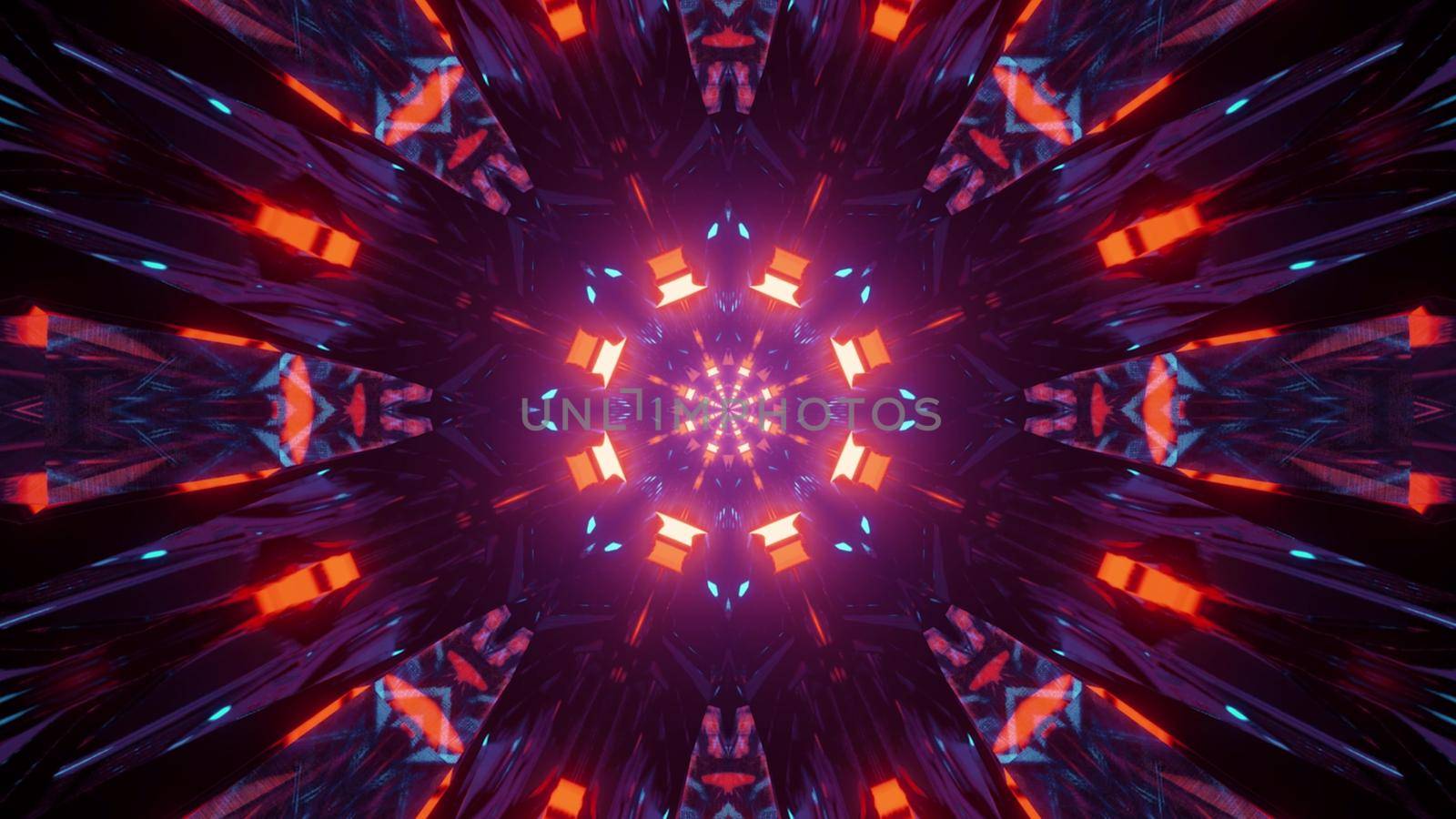 Art 3d illustration with glowing neon lights of round shaped elements in dark tunnel