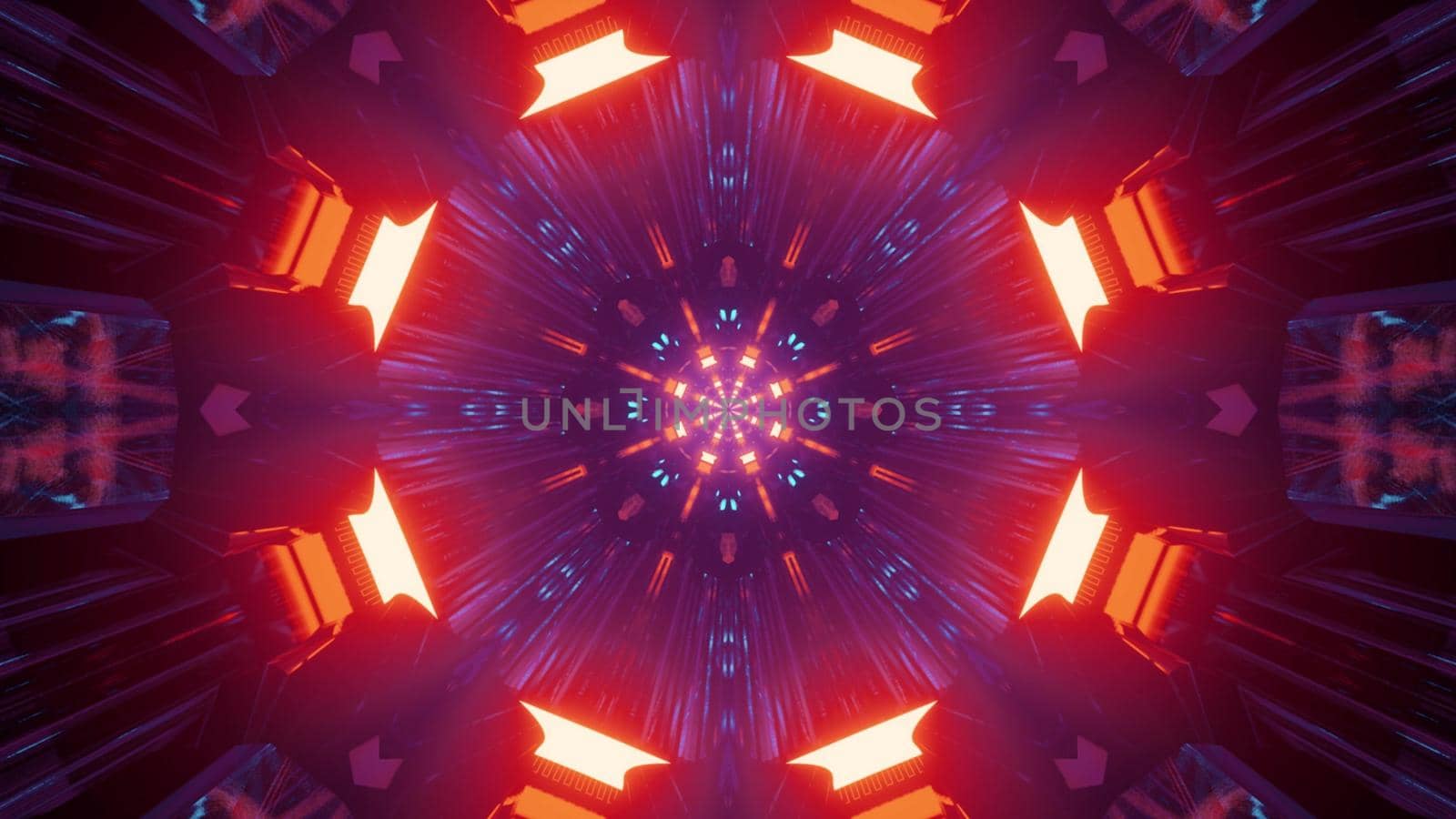 Abstract background with colorful neon kaleidoscope glowing in moving tunnel of 3d illustration