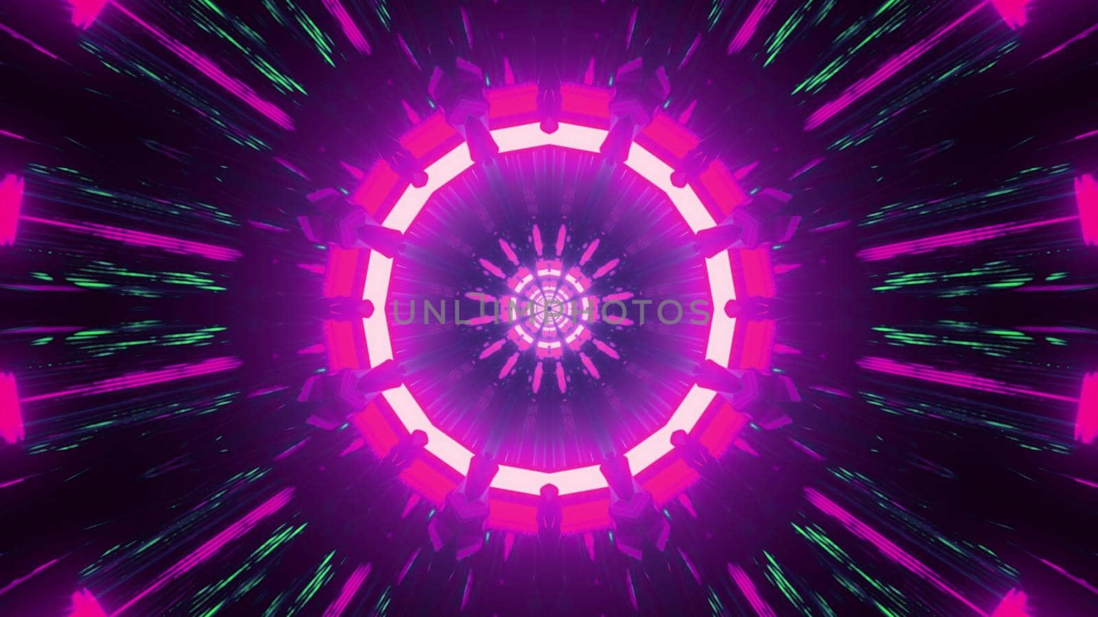 Abstract 3d illustration with shiny purple neon kaleidoscope in motion of dark tunnel