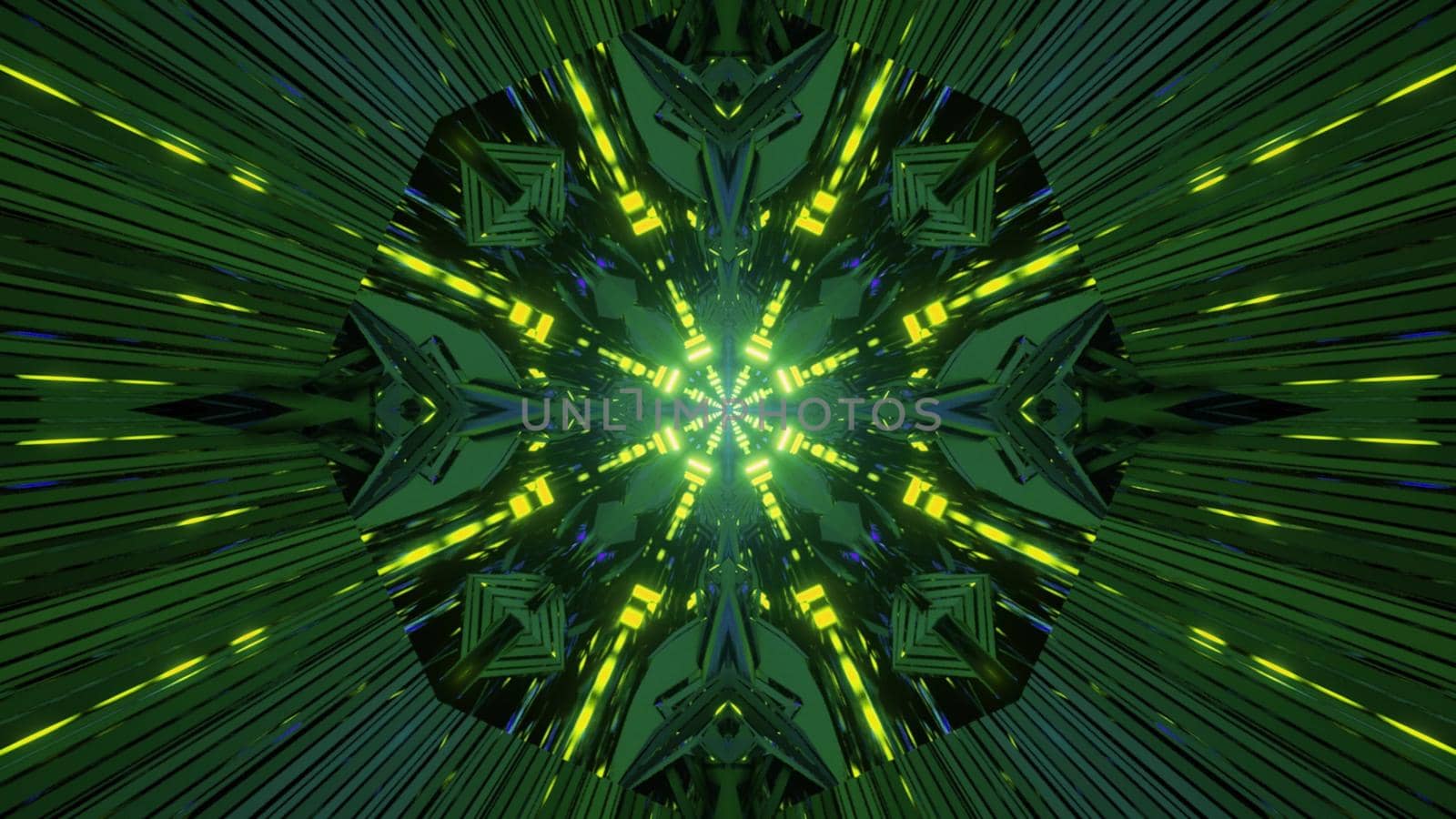3d illustration of vivid glowing green neon lines in tunnel motion in fi art style