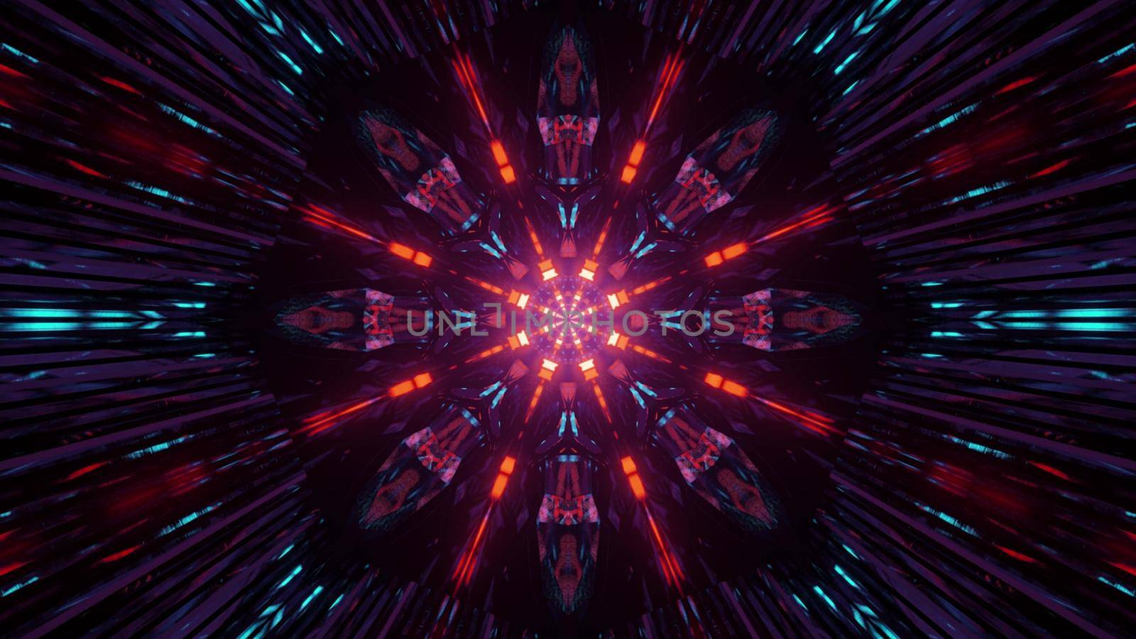 Bright glowing neon lights of abstract art 3d illustration of dynamic shiny tunnel