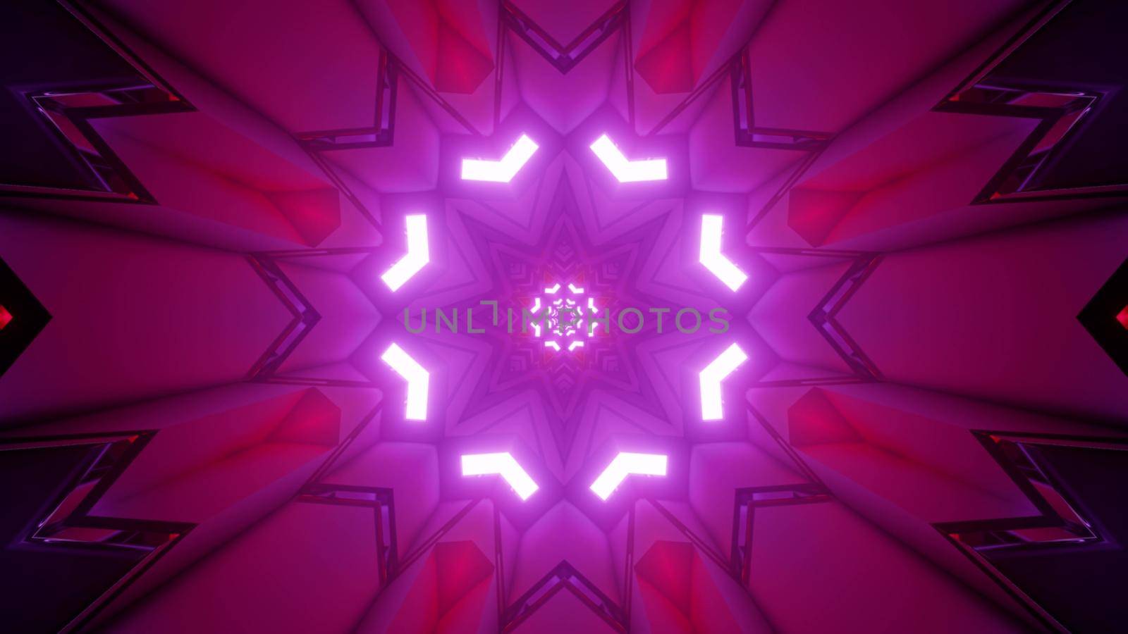 Abstract 3d illustration of purple poly angular patterns with bright illumination forming perspective tunnel