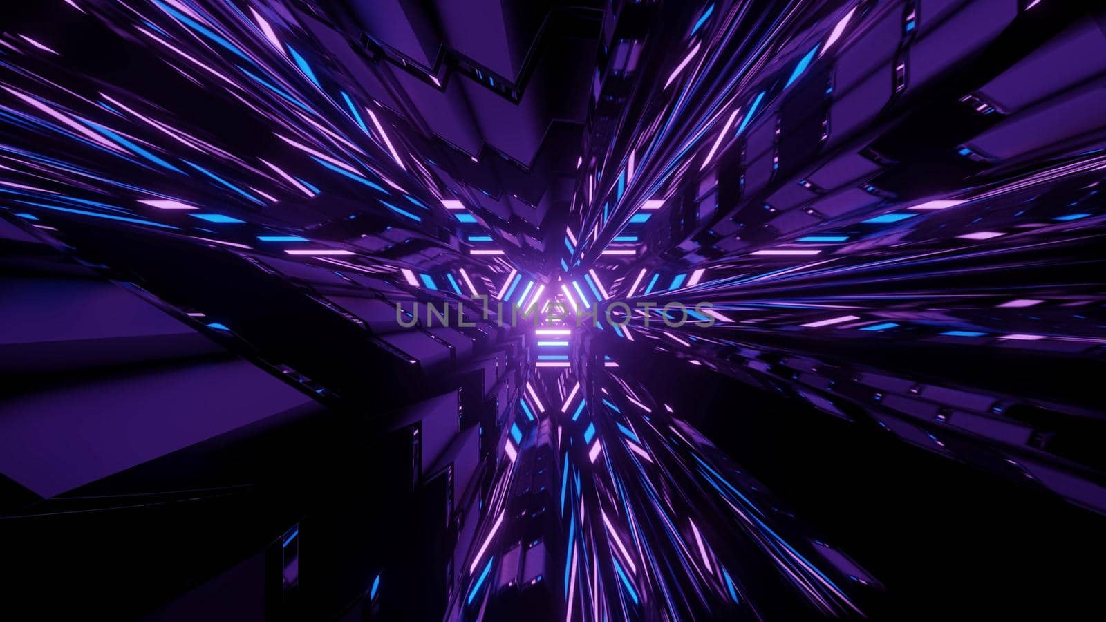 3D illustration of dynamic neon lights glowing in dark tunnel and reflecting in geometric figures as abstract background
