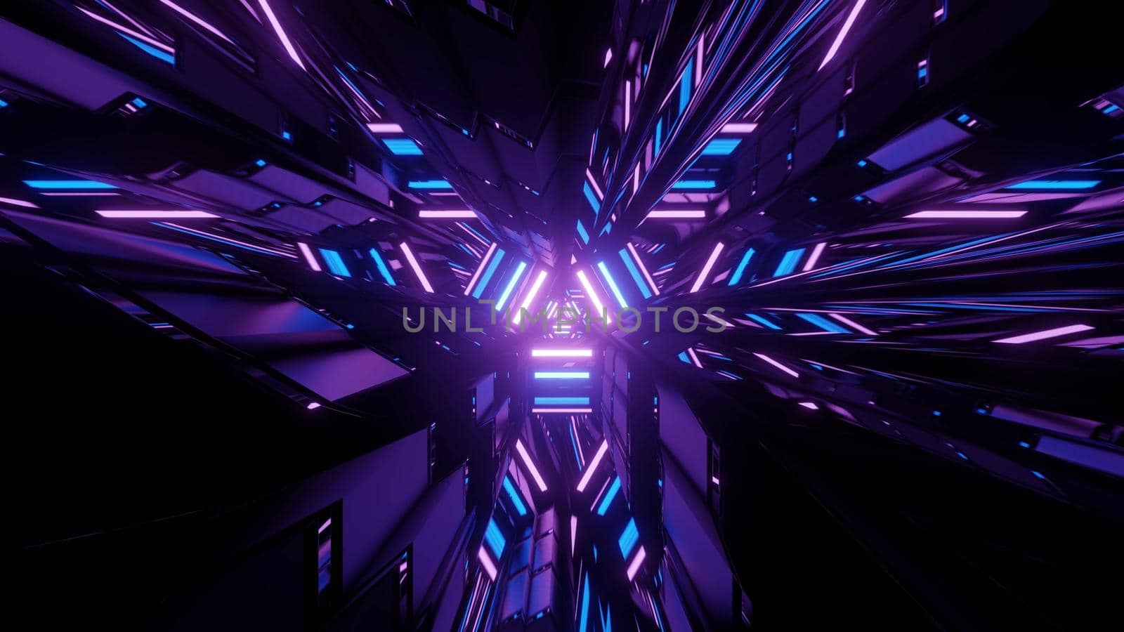 3D illustration of abstract chaotic neon lights in motion reflecting in geometric figures in dark tunnel