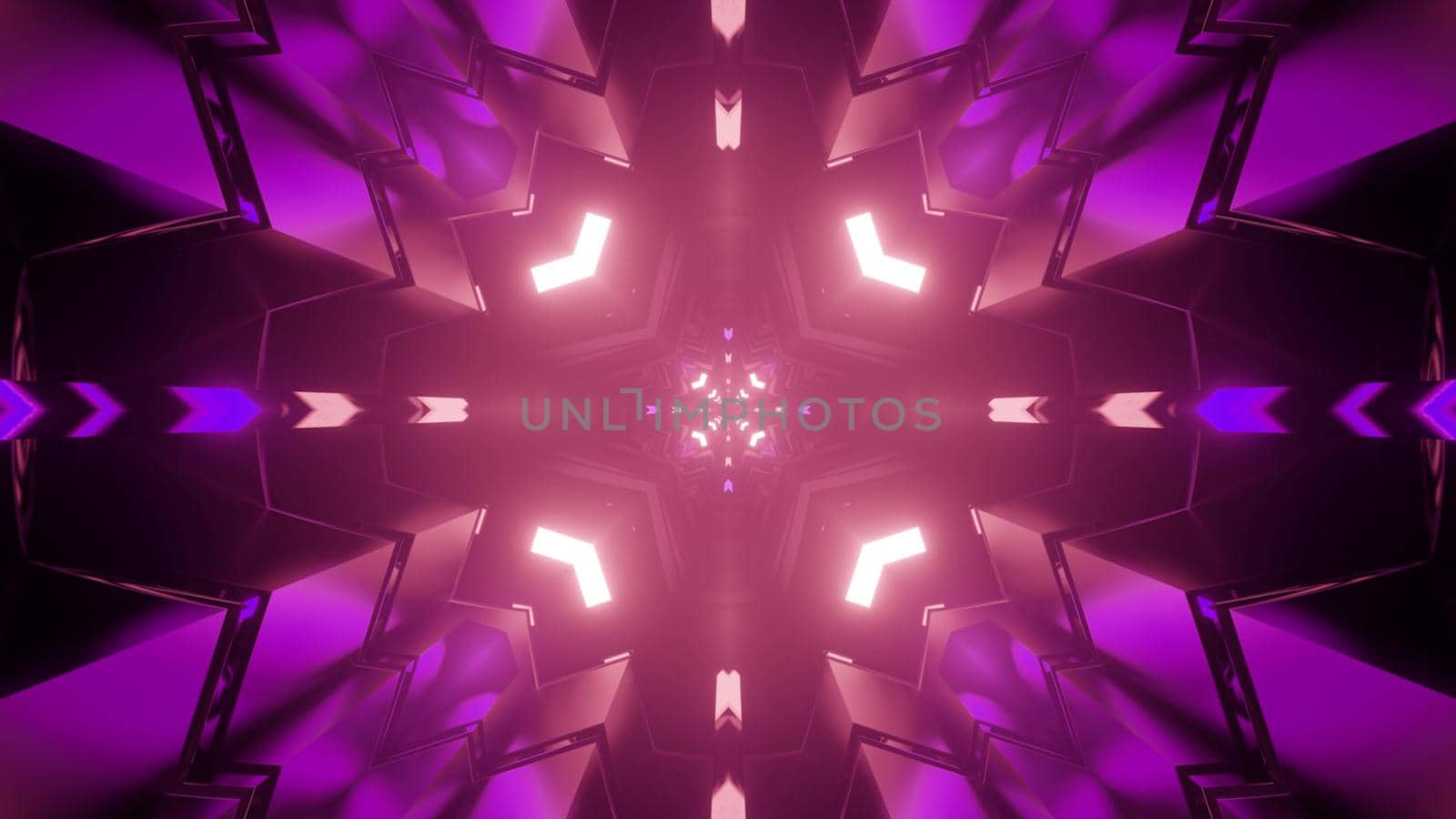 3D illustration of dark labyrinth with purple neon lights reflecting in geometric figures and forming fractal pattern
