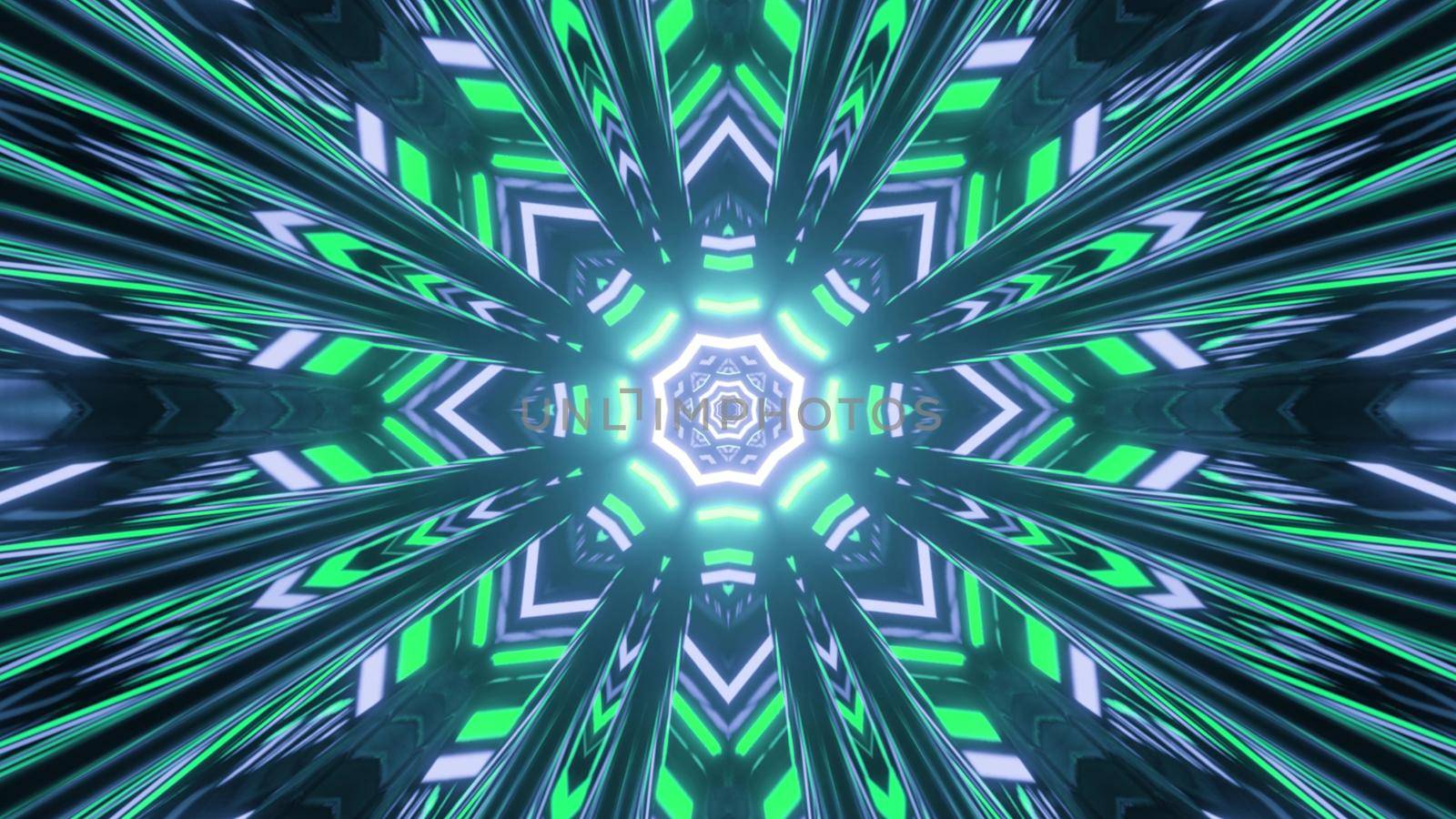 Creative kaleidoscopic snowflake shaped pattern with bright lights in motion in 3D illustration