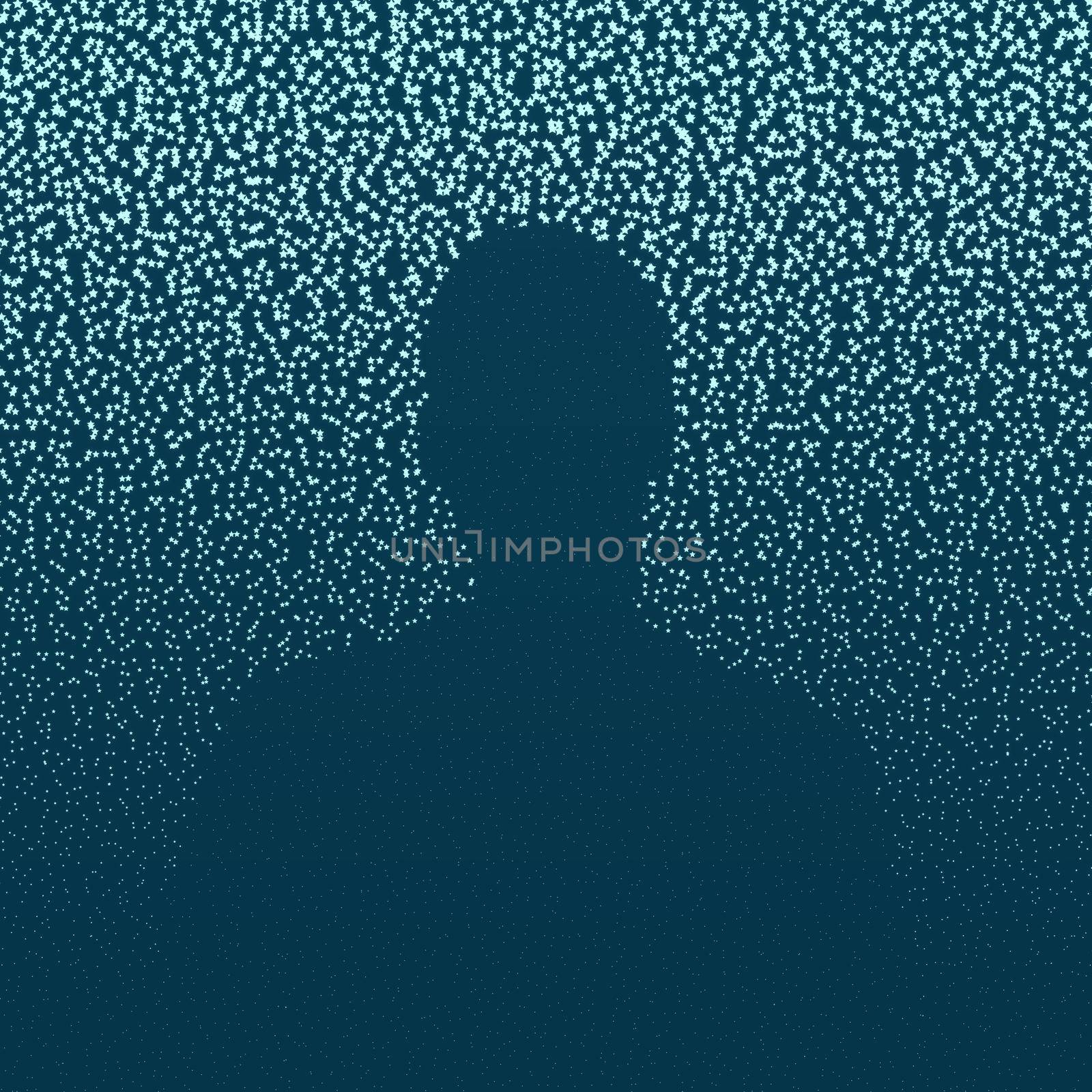 Abstract illustration of starry background with a human silhouette, light blue stars on dark blue sky, space concept