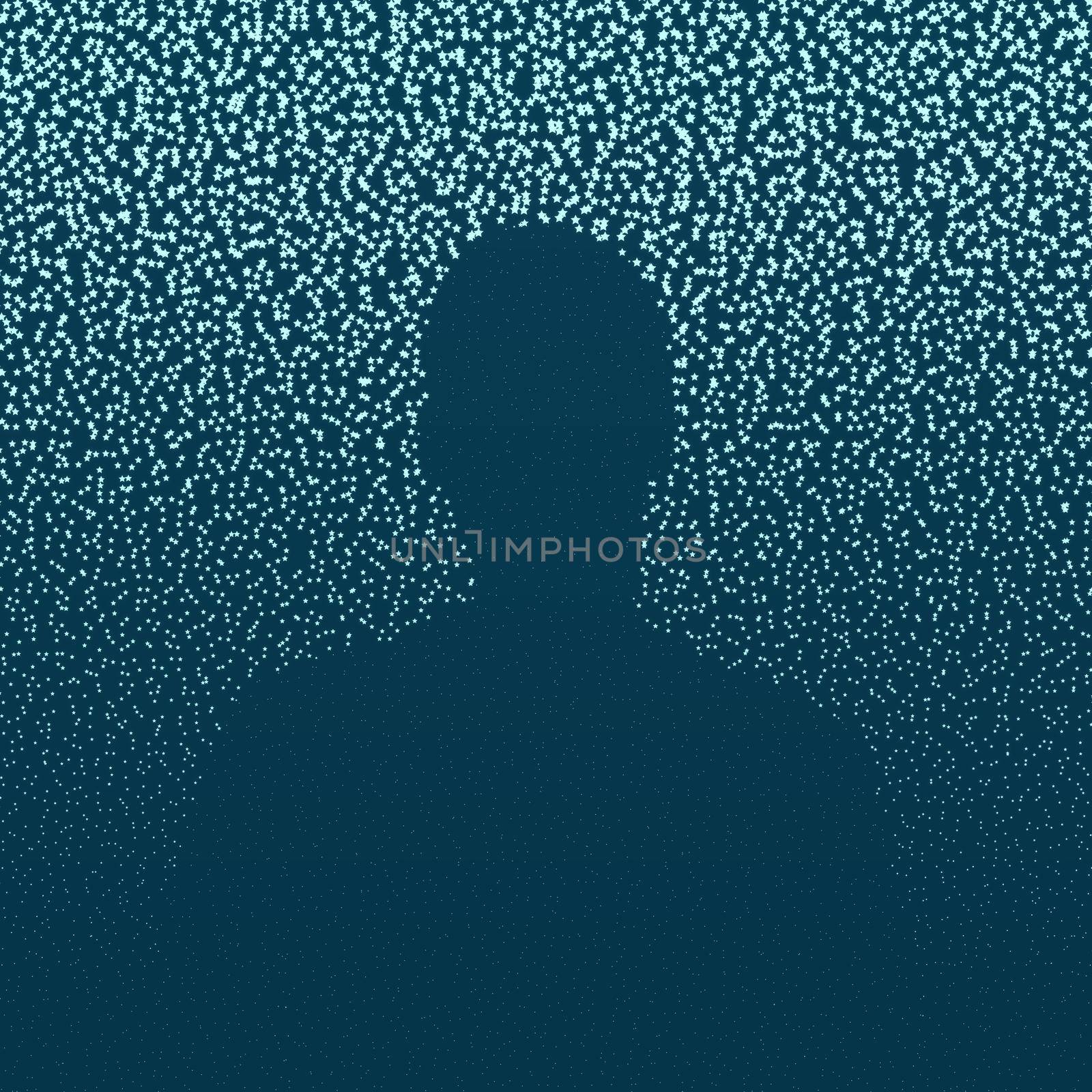 Abstract illustration of starry background with a human silhouette, light blue stars on dark blue sky, space concept