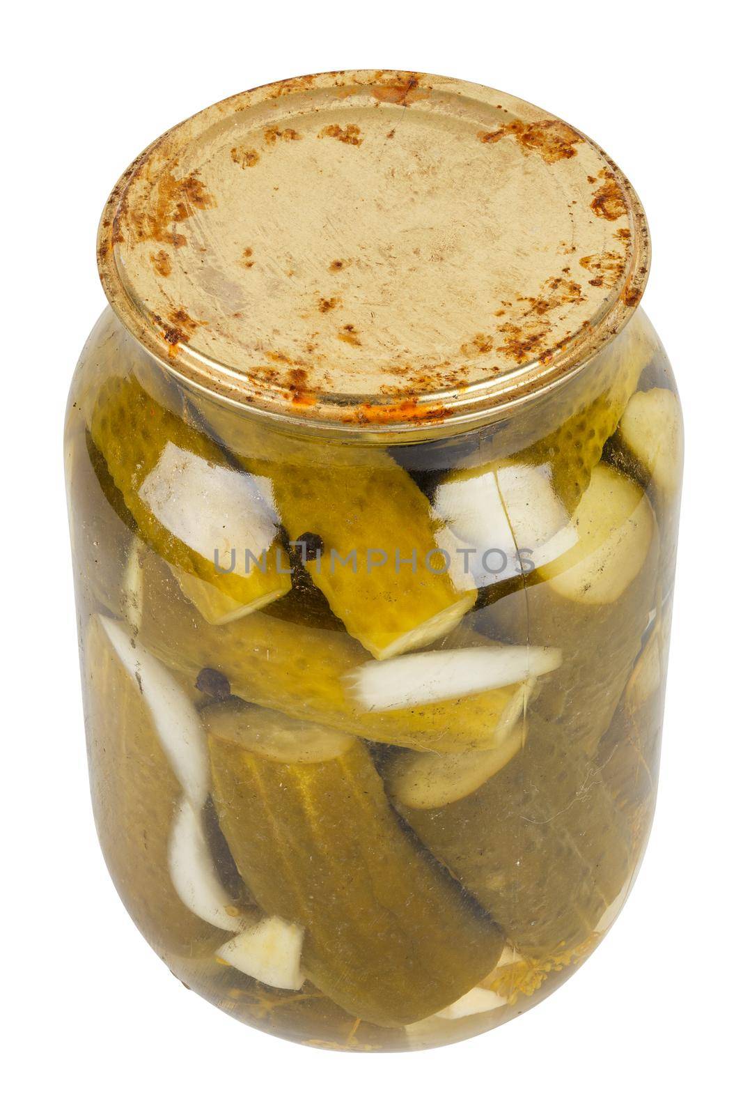 pickles marinade in glass jar with rusted cap isolated on white background.
