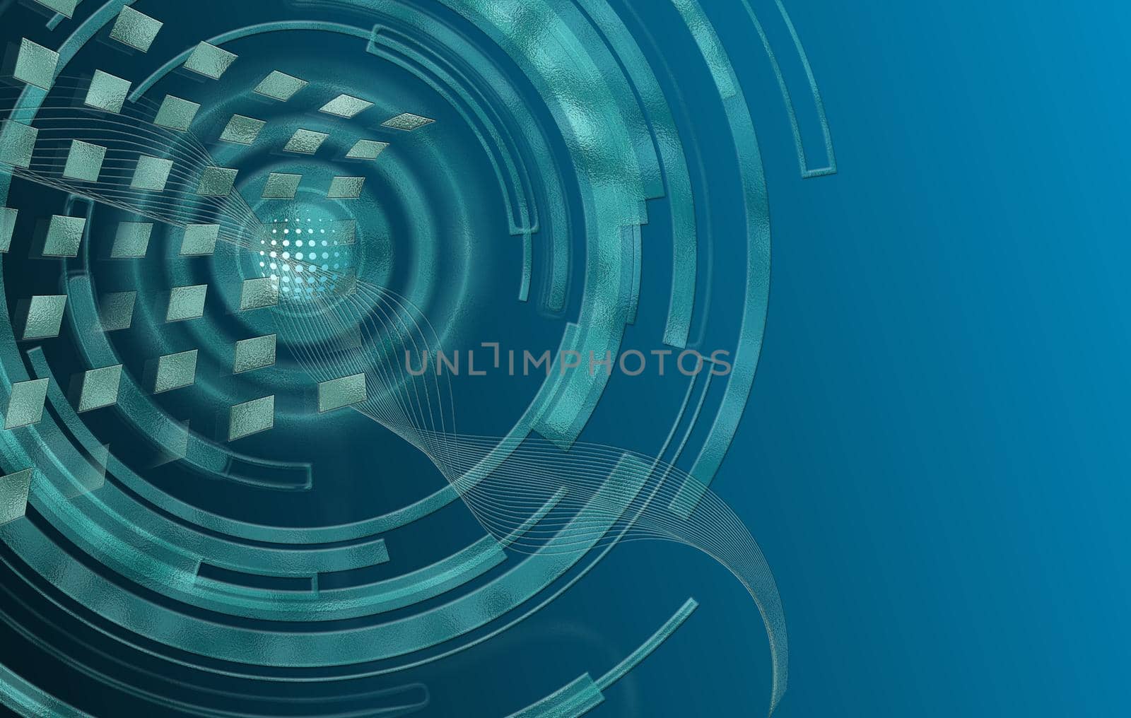 future, Interface technology . Technology abstract design on blue. Abstract wavy background, mesh wave, circles on pastel blue. Nature, ocean, sea, ecology, technology, science concept Illustration