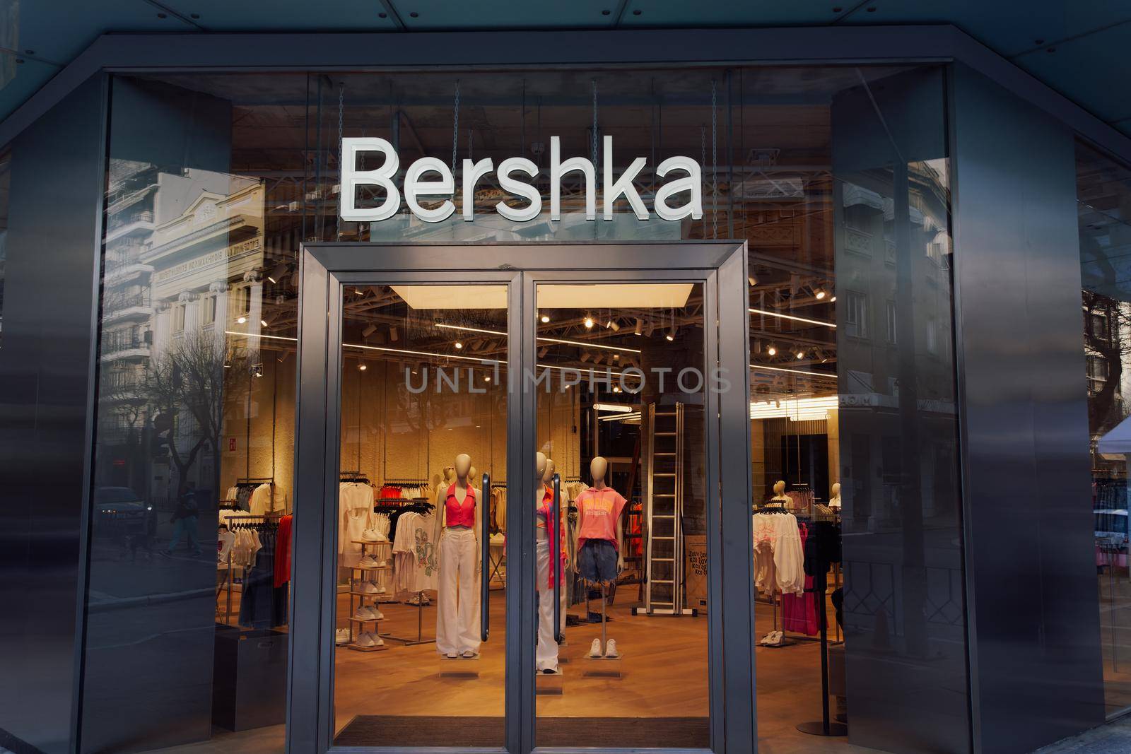 Spanish clothes & accessories brand owned by Inditex, trading worldwide store view with clothing at Tsimiski street in Thessaloniki, Greece.