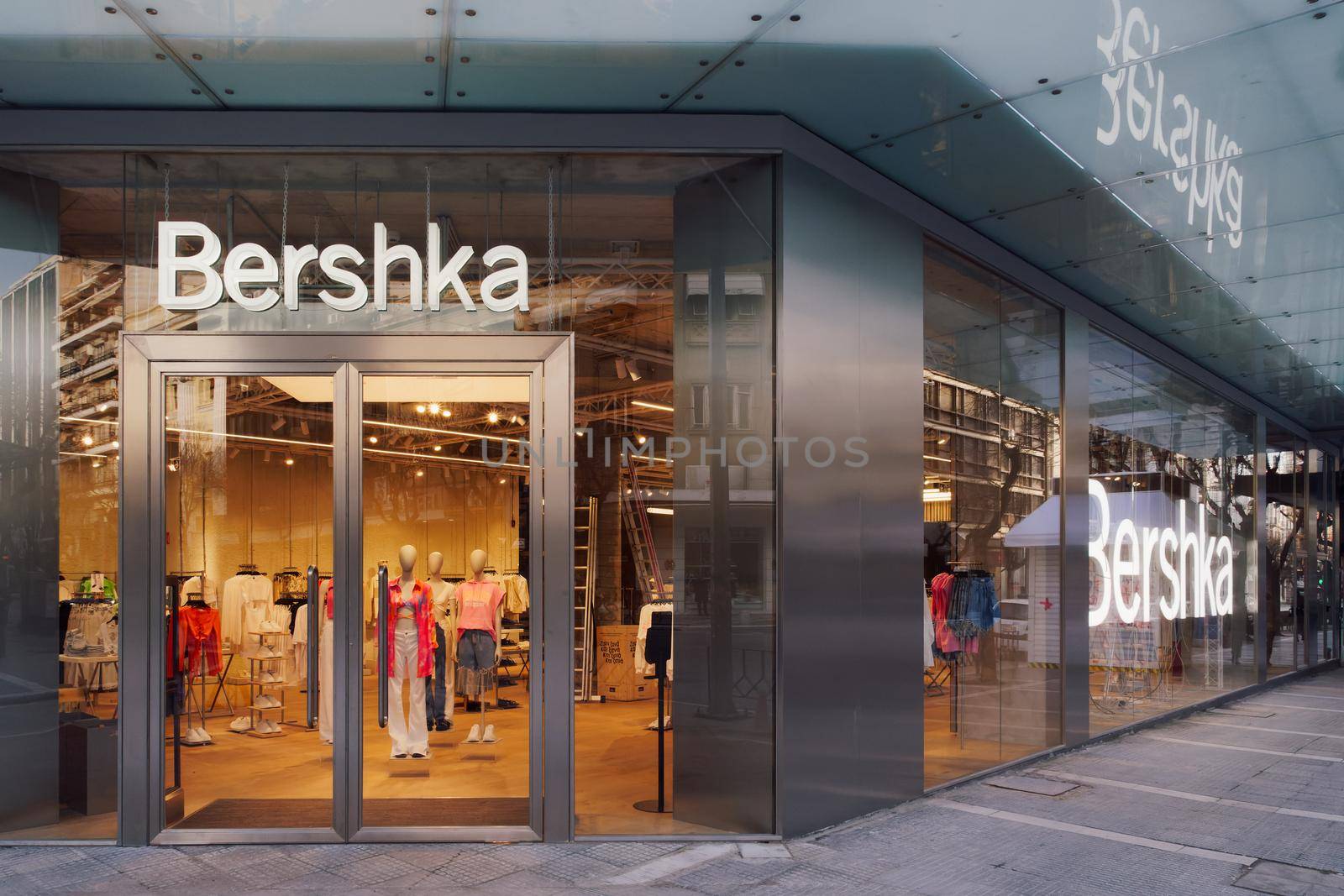 Spanish clothes & accessories brand owned by Inditex, trading worldwide store view with clothing at Tsimiski street in Thessaloniki, Greece.