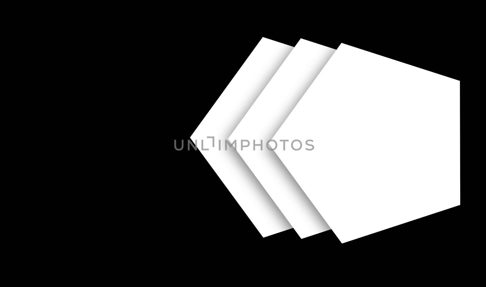 three pentagons overlapping on each other in the black isolated background with soft shadow, layered image ready to print for cards, invitation, design print