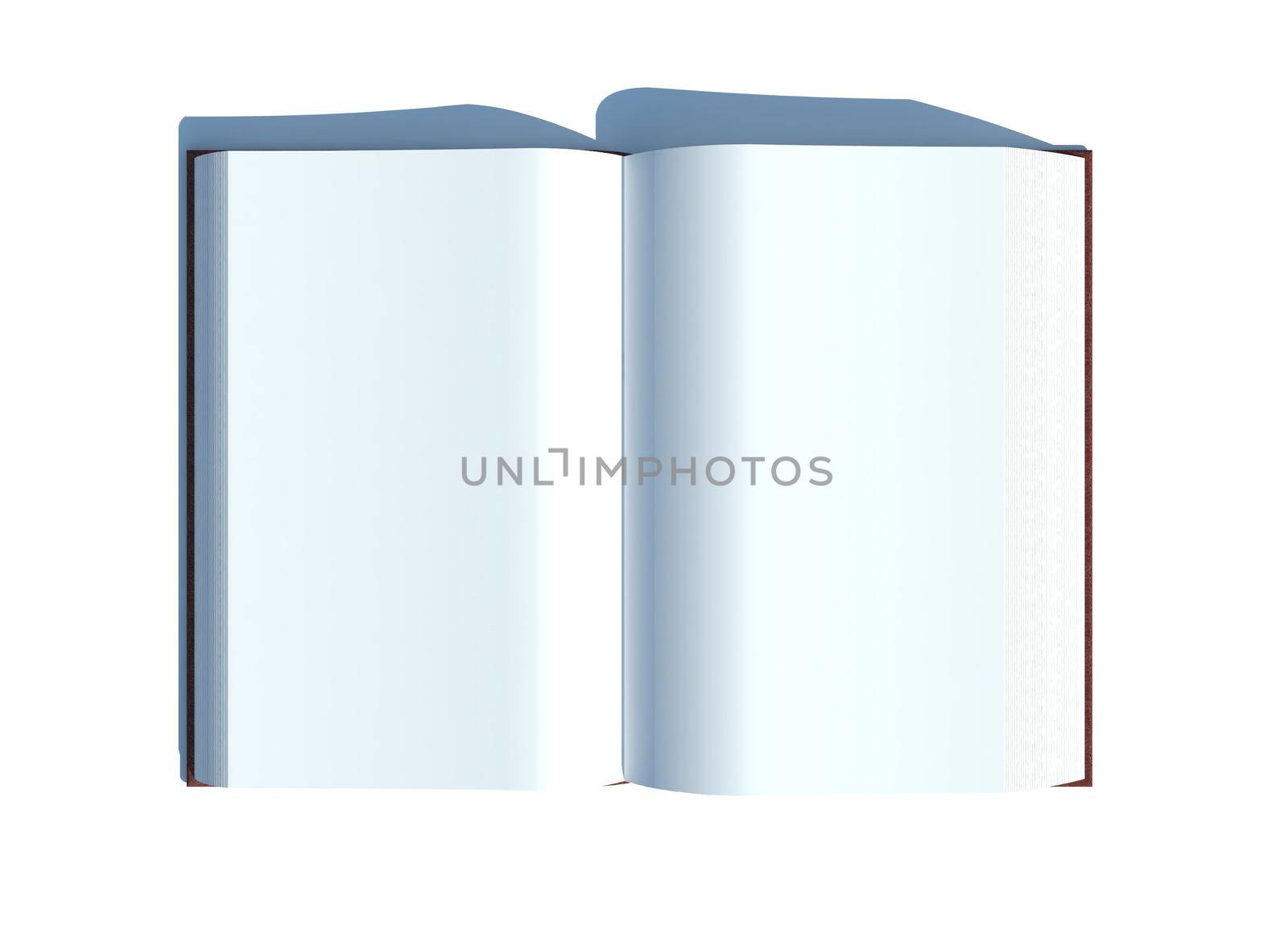 Blank open book or sketchbook with shadow, front view in white isolated background by tabishere