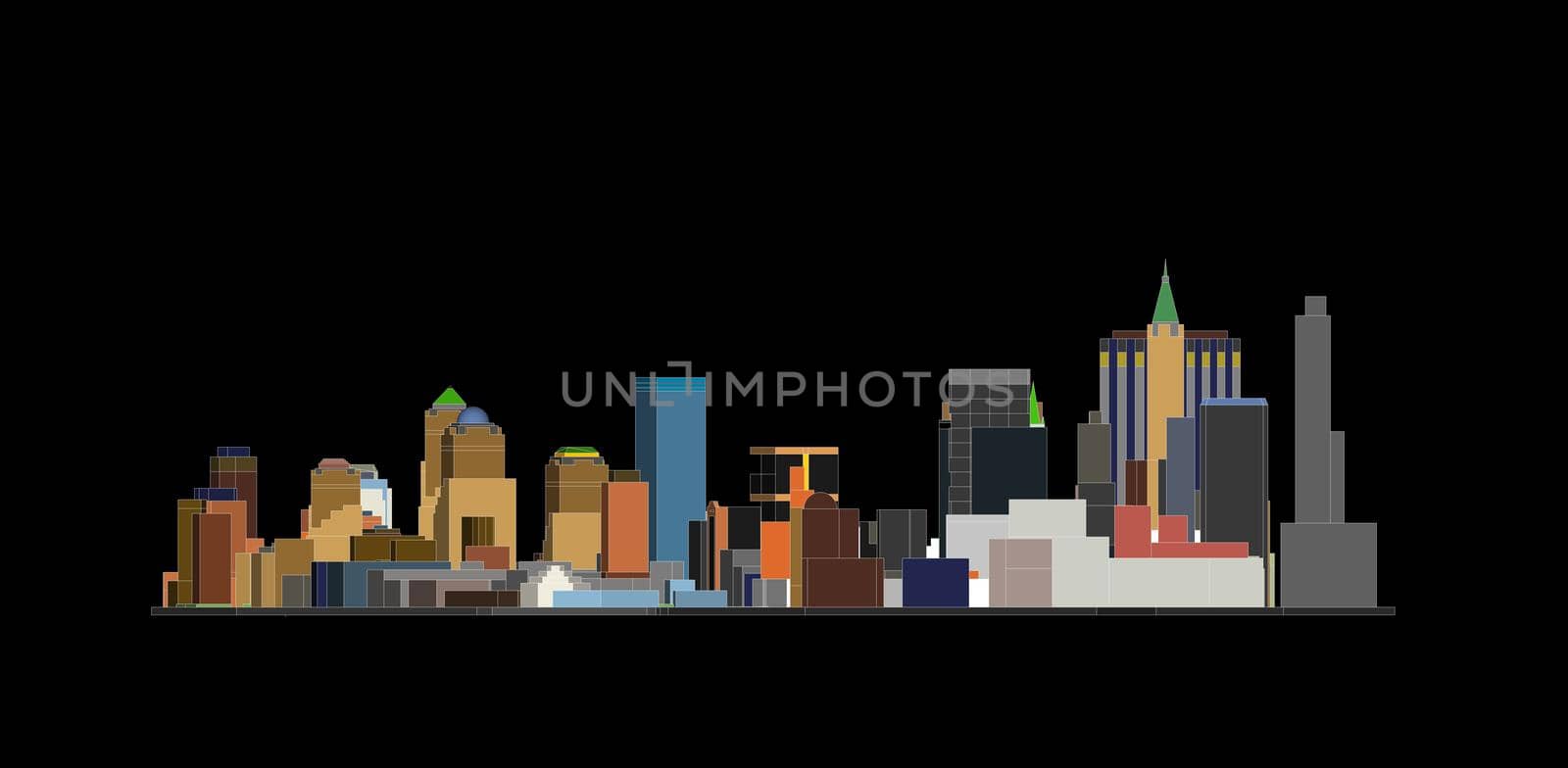 colorful (multicolored) Big city skyline in the black isolated background (cut-outs)