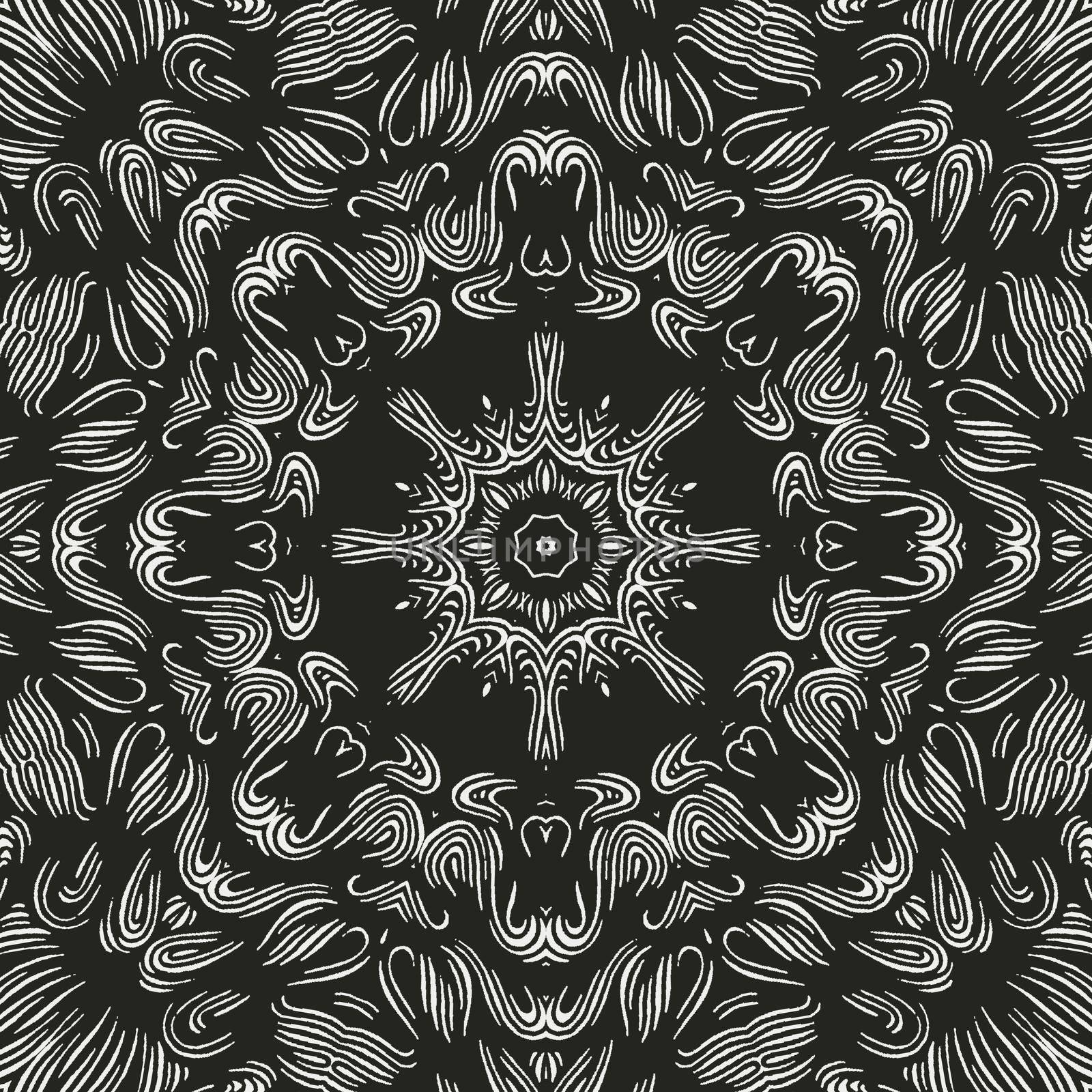 Beautiful and elegant monochromatic symmetrical mandala designs on solid sheet of wallpaper. Concept of home decor and interior designing.