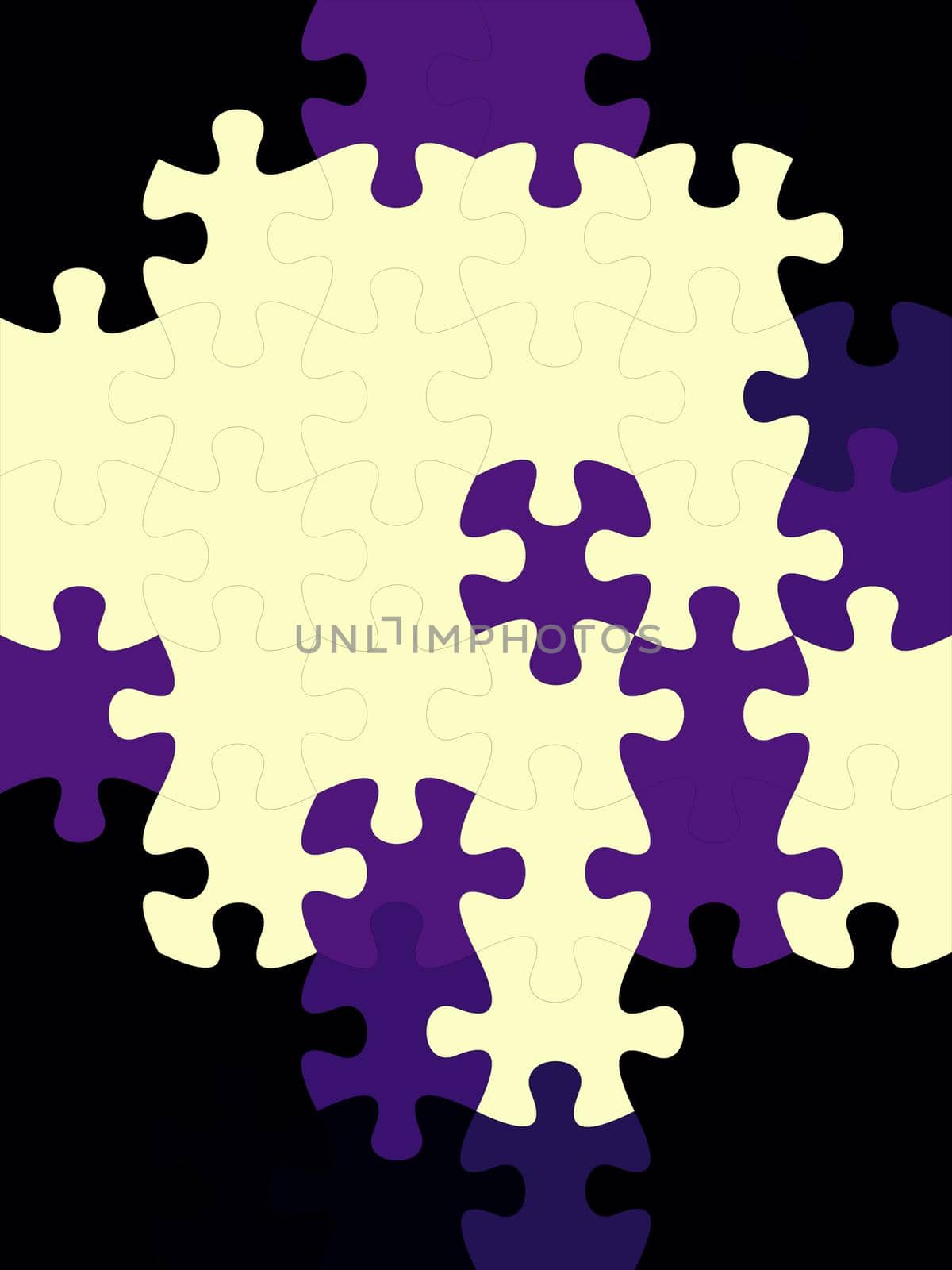 Connected blank puzzle pieces in two different colors digitally created in black isolated background by tabishere