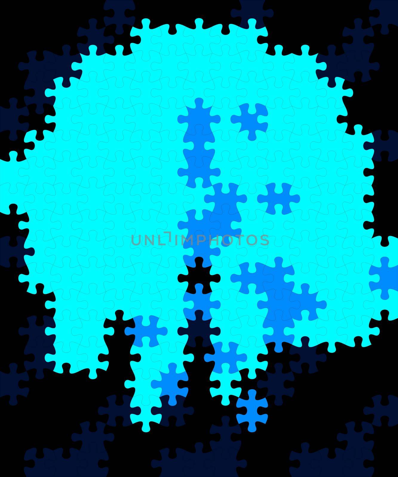 Connected blank puzzle pieces using 4 colors, digitally created