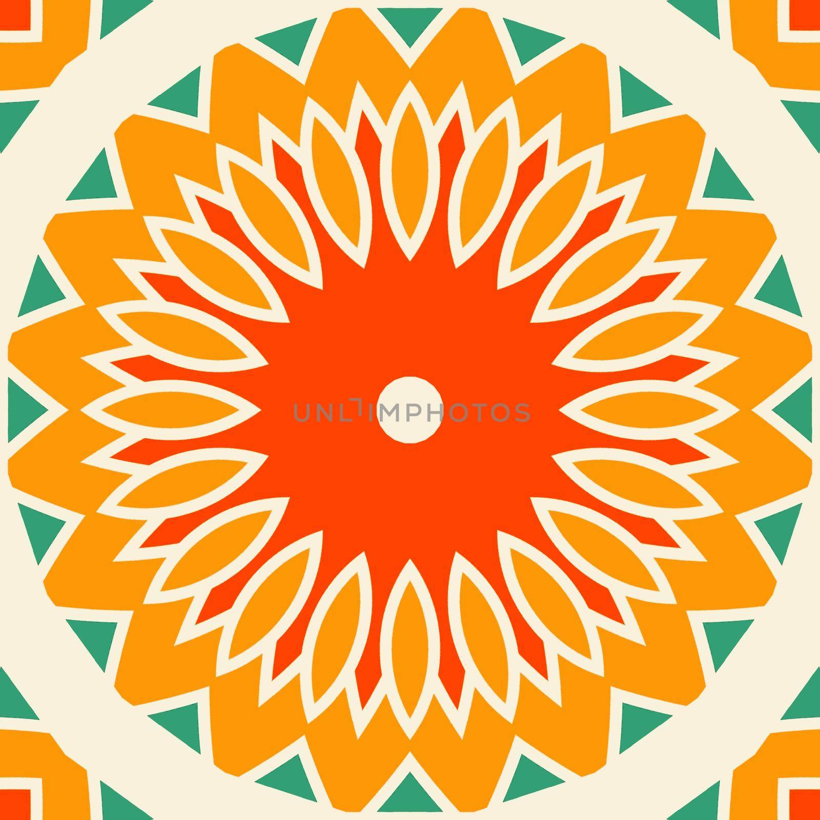 Beautiful shades of orange color symmetrical patterns illustration designs. Concept of home decor and interior designing by tabishere