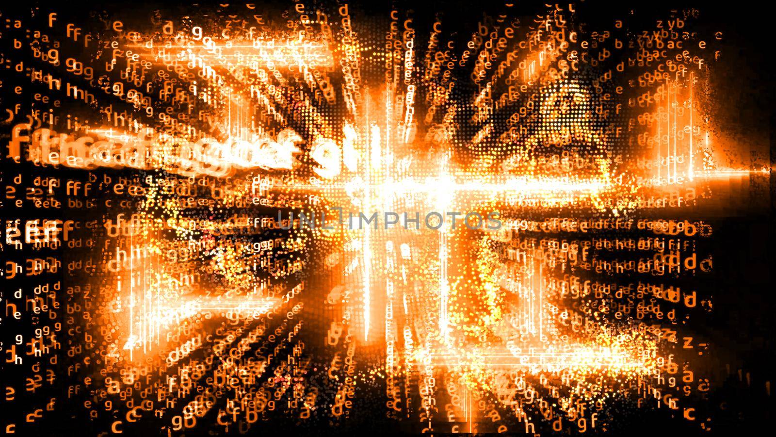 Quantum computer futuristic abstract relation power block chain and full matrix alphabet dimension vertical on black background