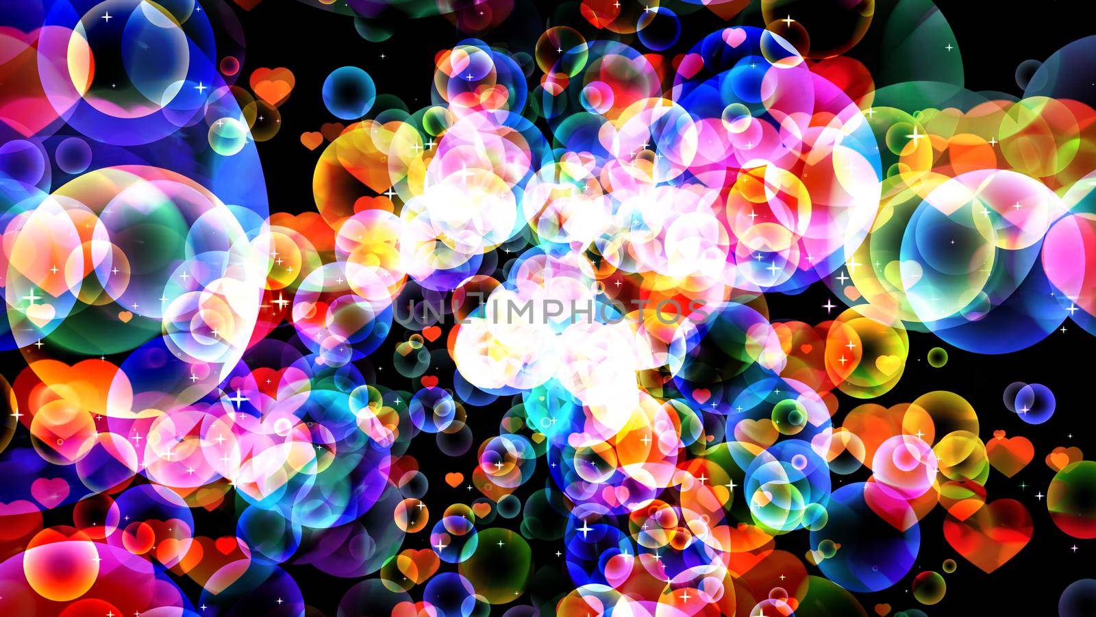 abstract dimension rainbow bubbles with hearts floating on black screen by Darkfox