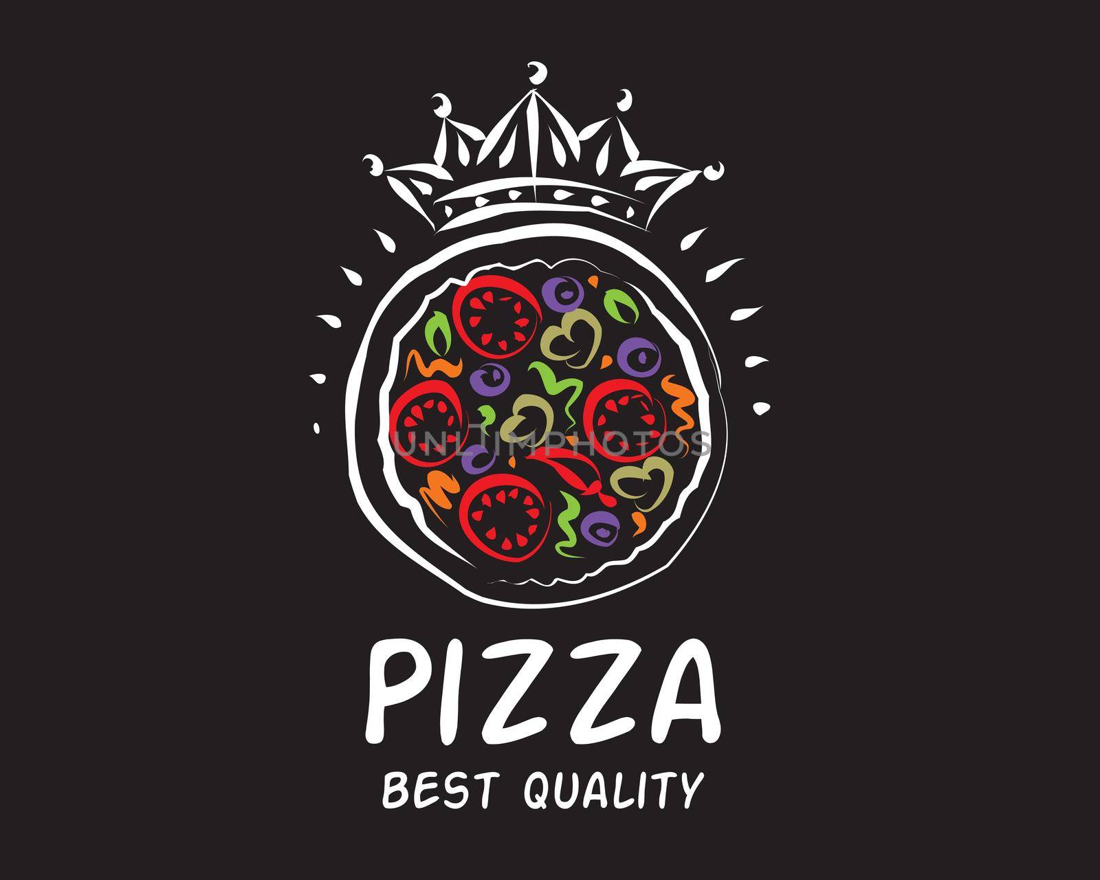 Hand drawn vector pizza logo on black background.