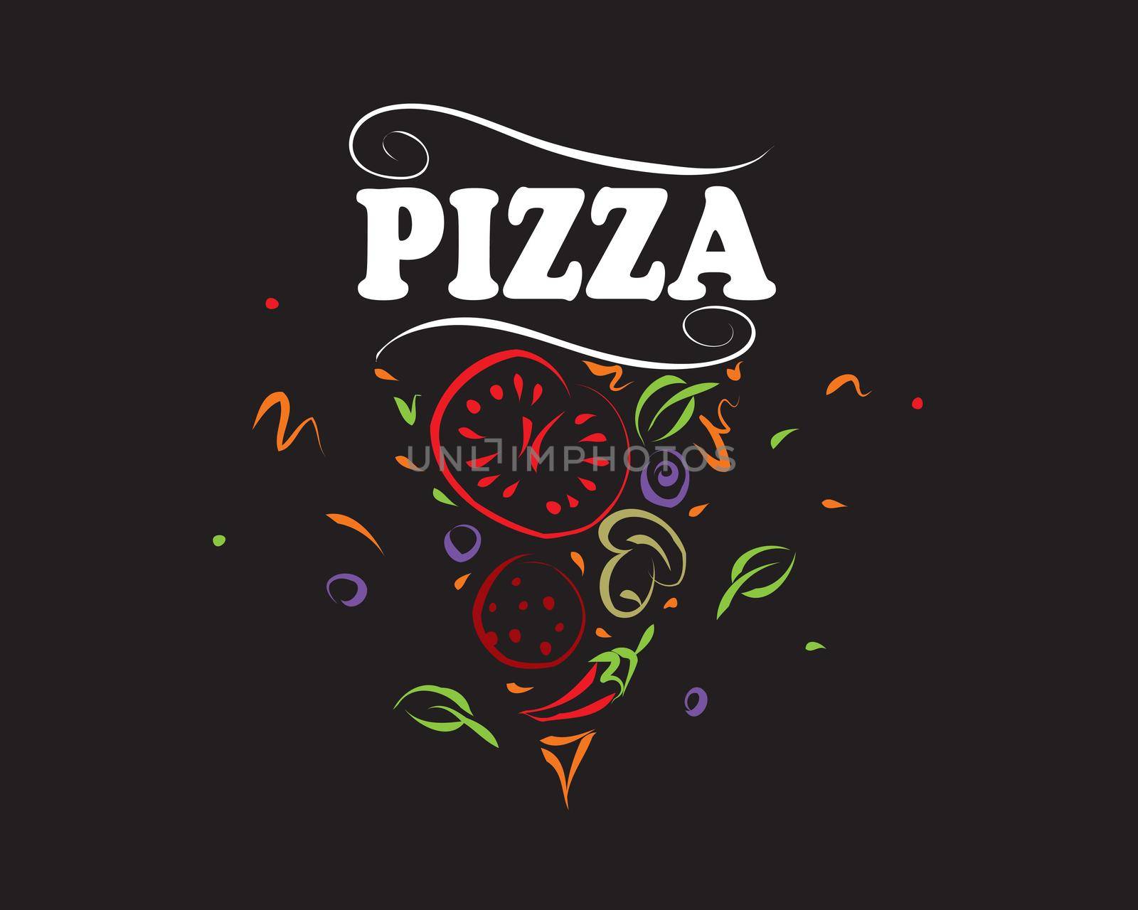Hand drawn vector pizza logo on black background.