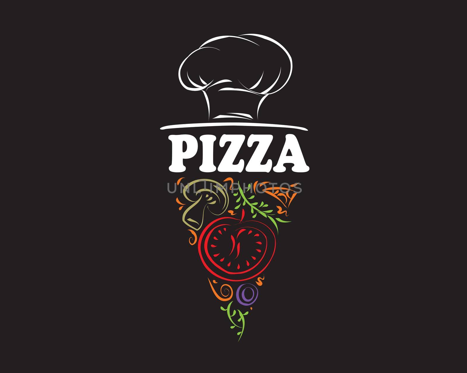 Hand drawn vector pizza logo on black background.